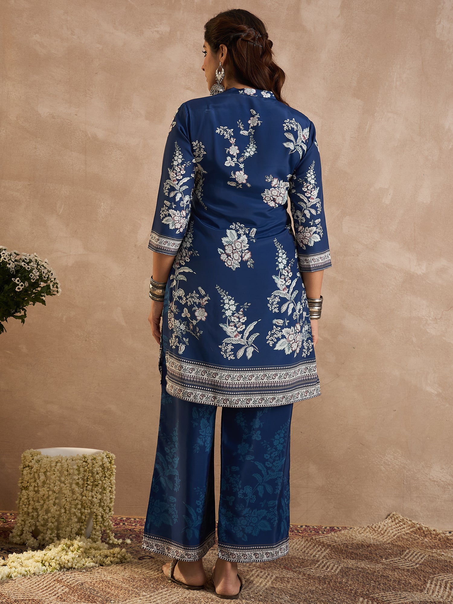 Indo Era Blue Printed Straight Kurta Palazzos Set-IE