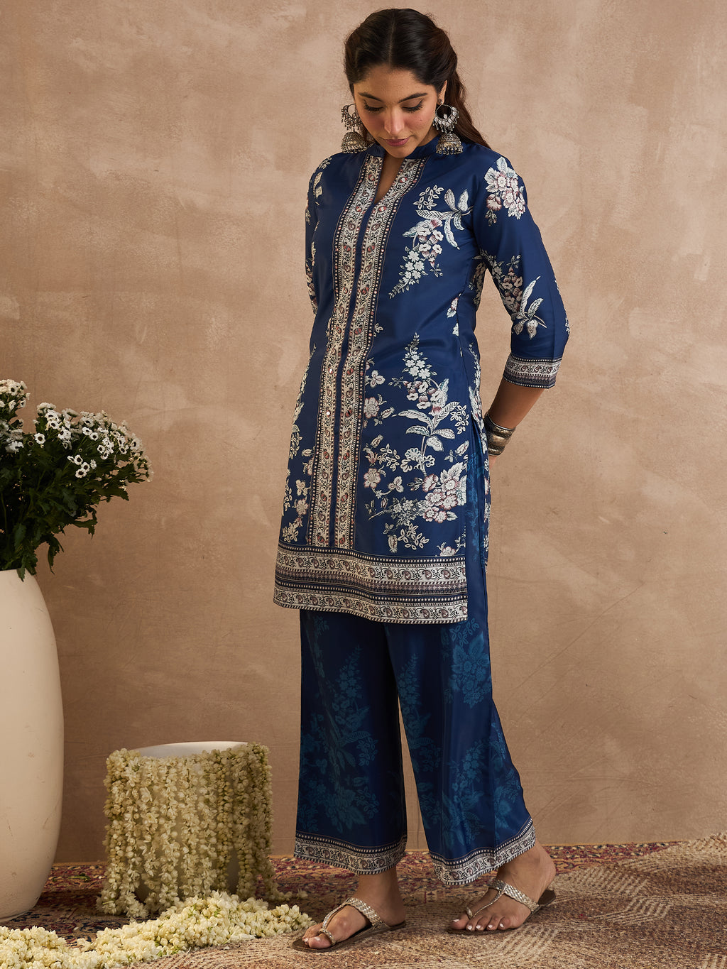 Indo Era Blue Printed Straight Kurta Palazzos Set-IE