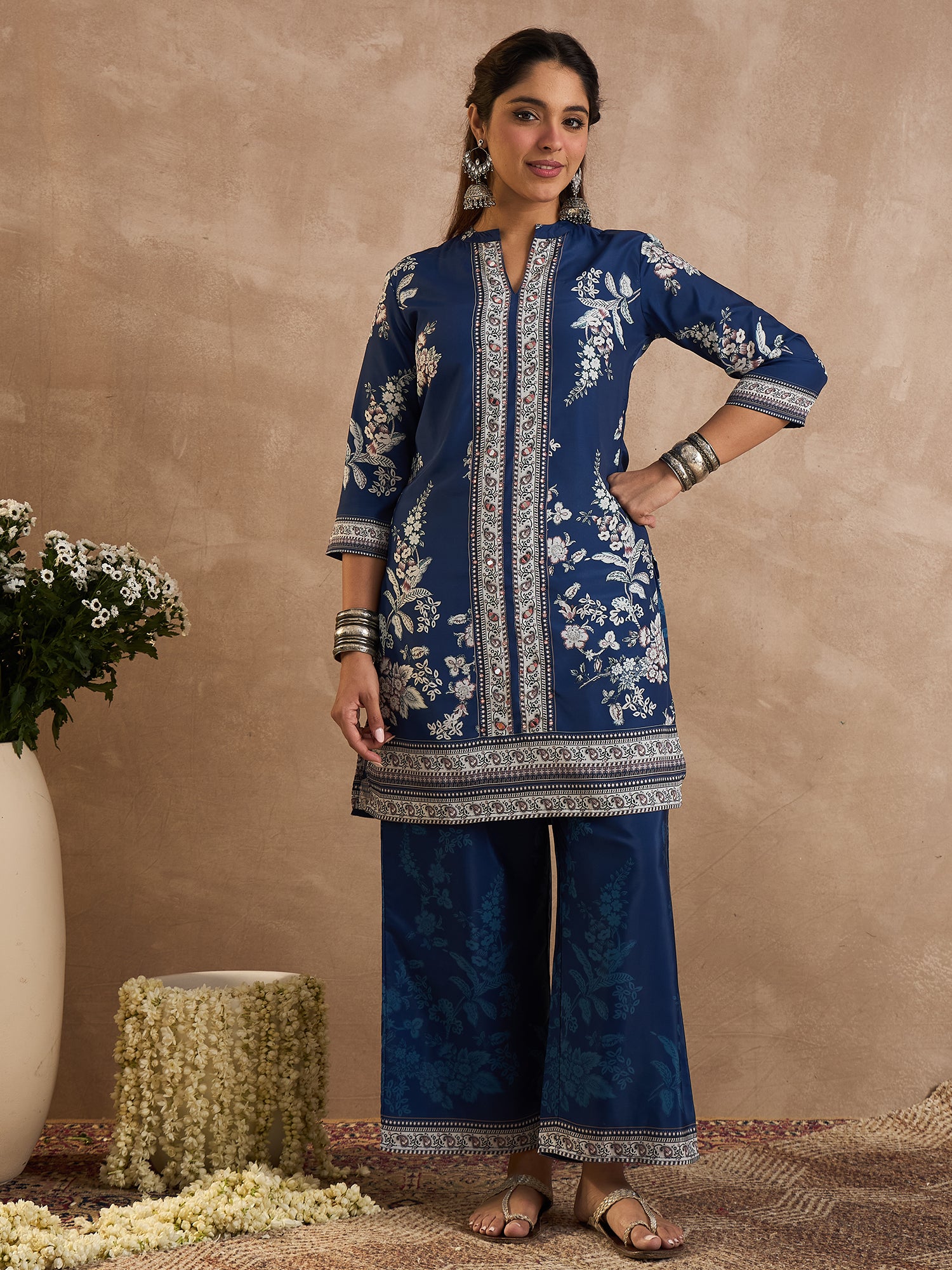 Indo Era Blue Printed Straight Kurta Palazzos Set-IE