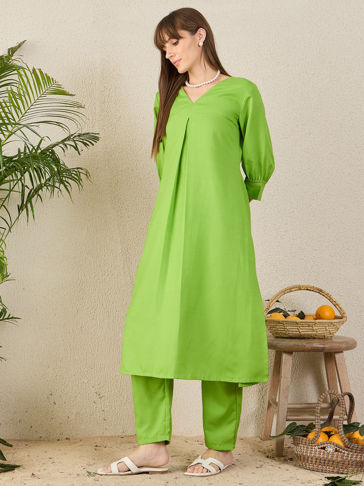 Indo Era Green Self Design A-Line Kurta Trousers set-IE