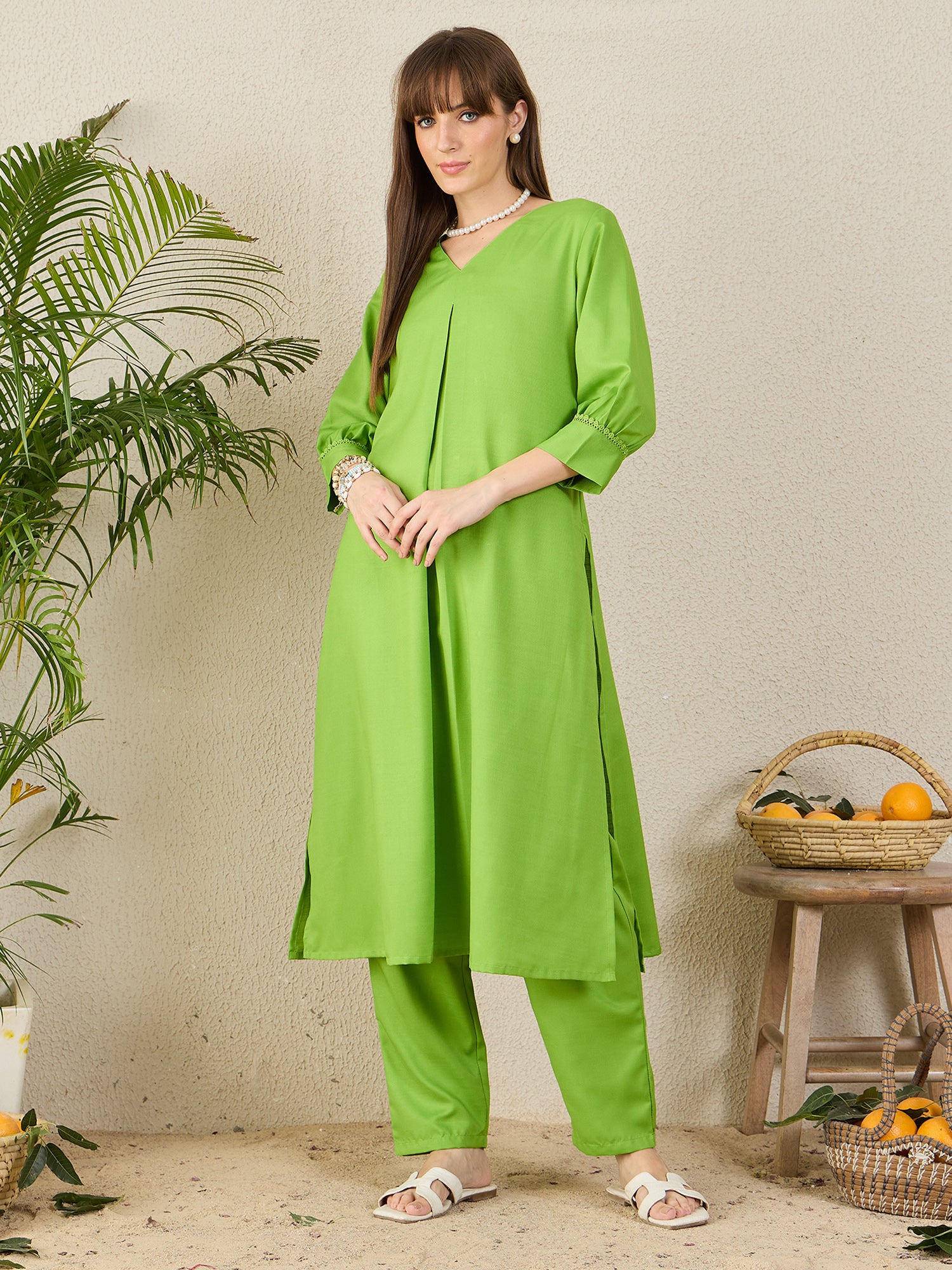 Indo Era Green Self Design A-Line Kurta Trousers set-IE