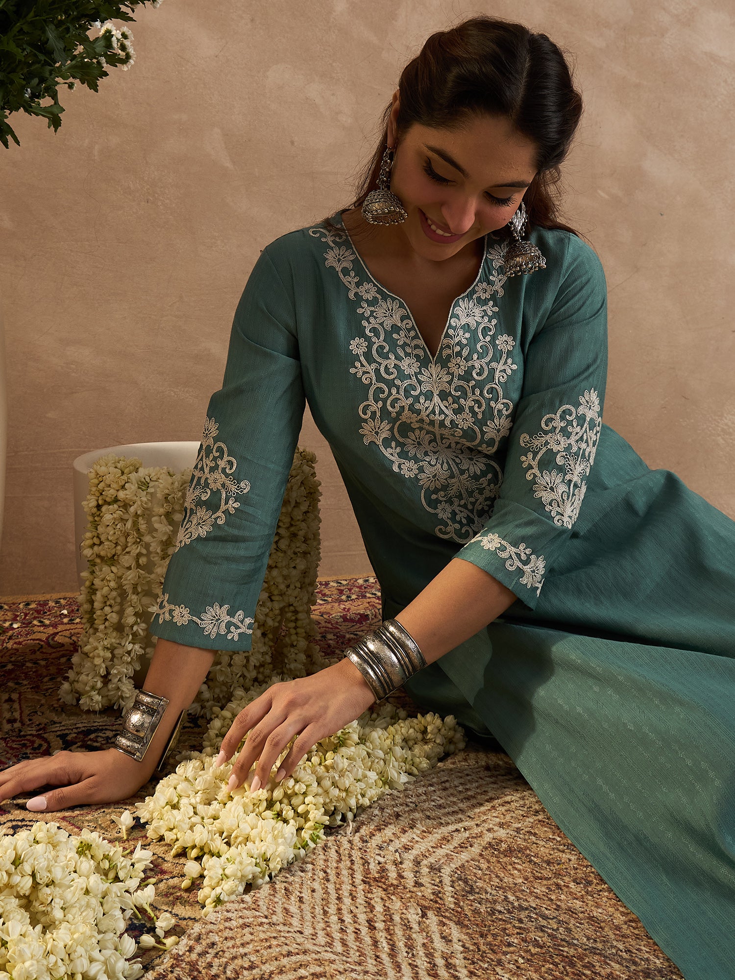 Indo Era Sea Green Embroidered Straight Kurta Trousers Set-IE