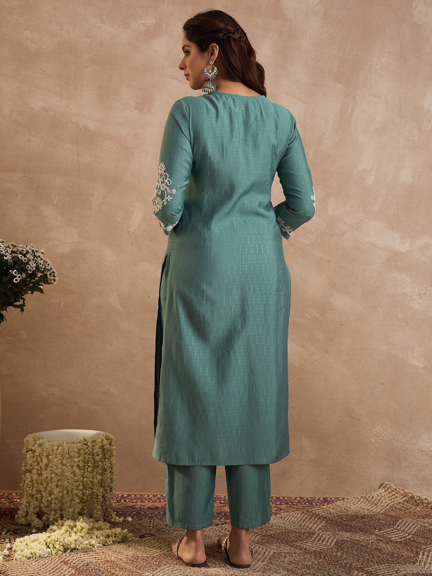 Indo Era Sea Green Embroidered Straight Kurta Trousers Set-IE