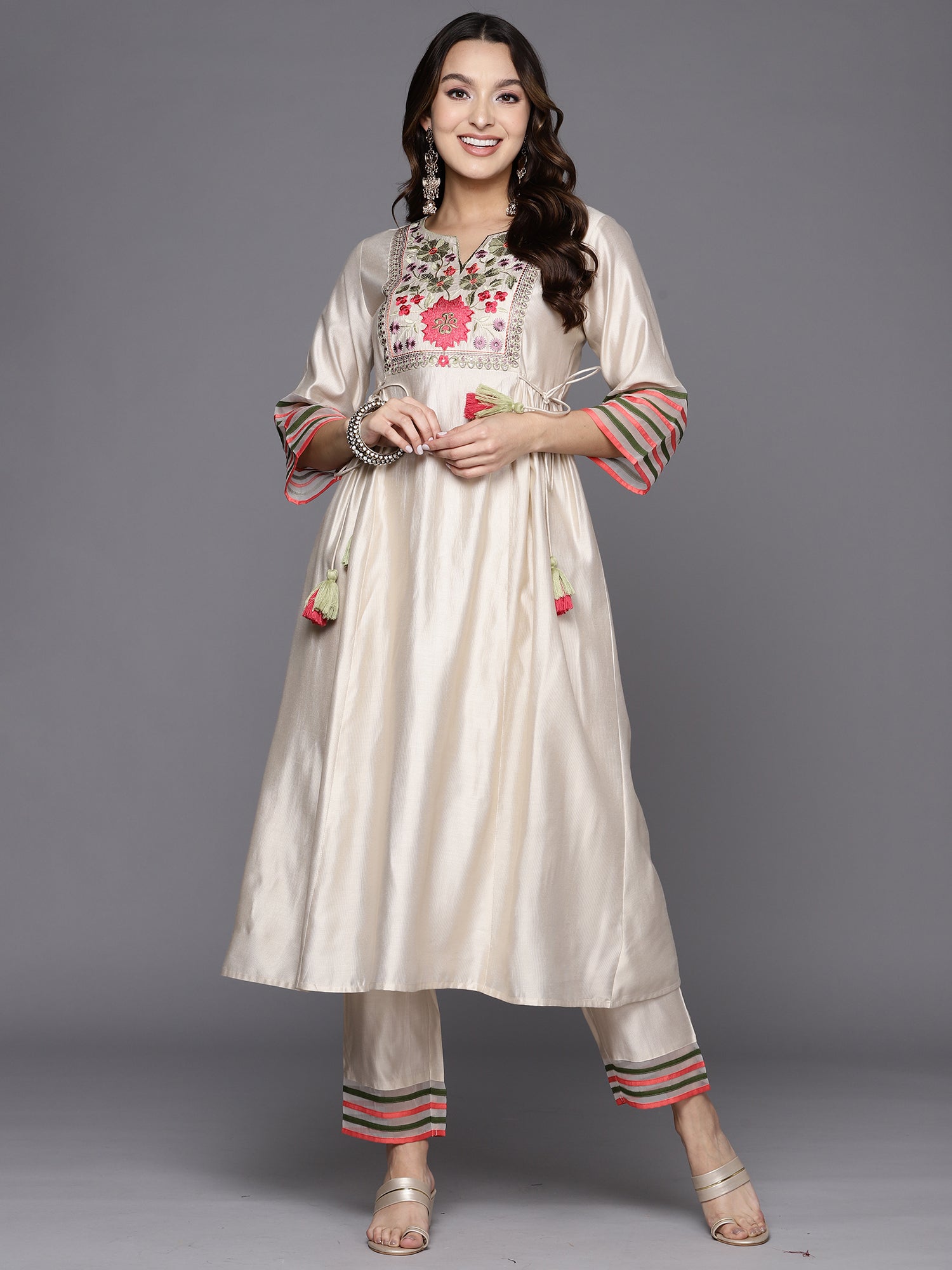 White Embroidered A-Line Kurta Trousers Set