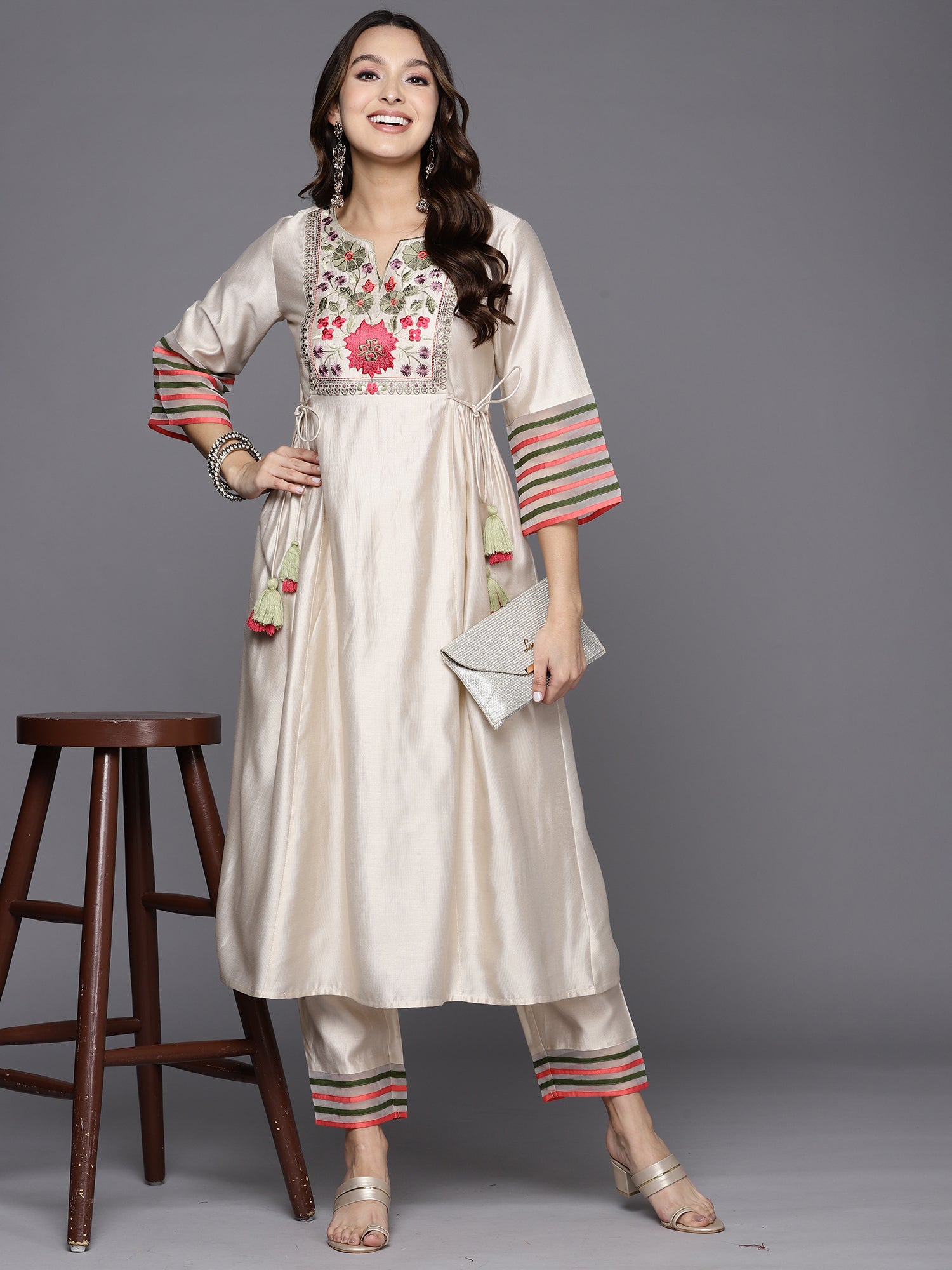 White Embroidered A-Line Kurta Trousers Set
