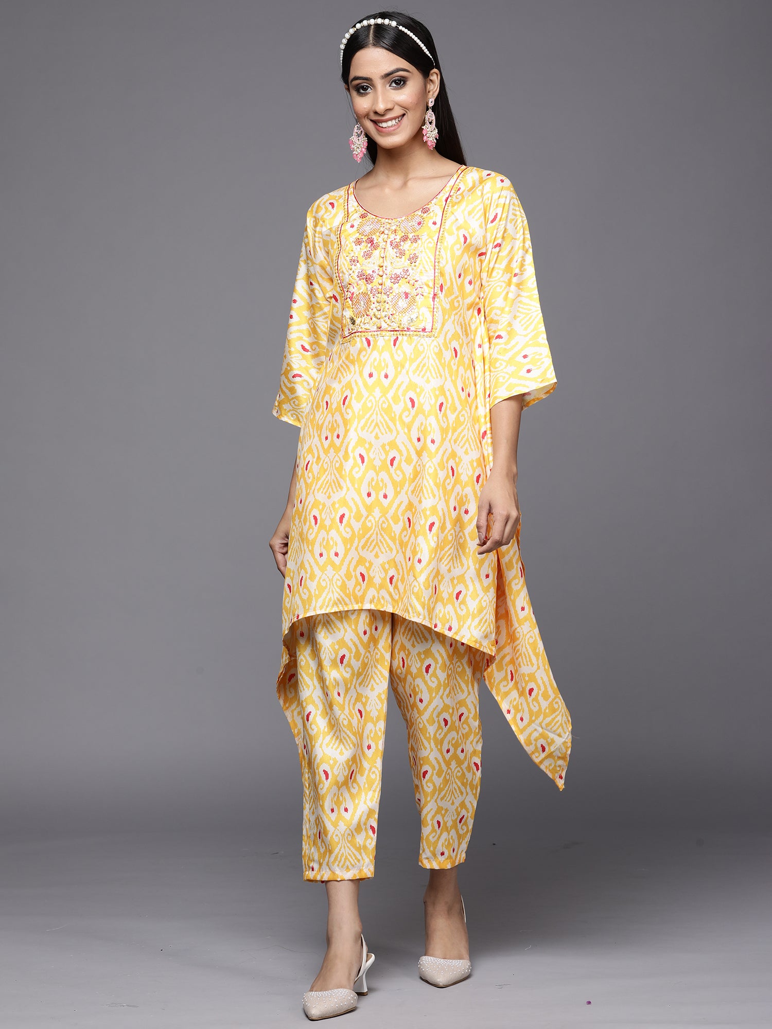 Kesariya Yellow Printed A-Line Kaftan With Trouser Set