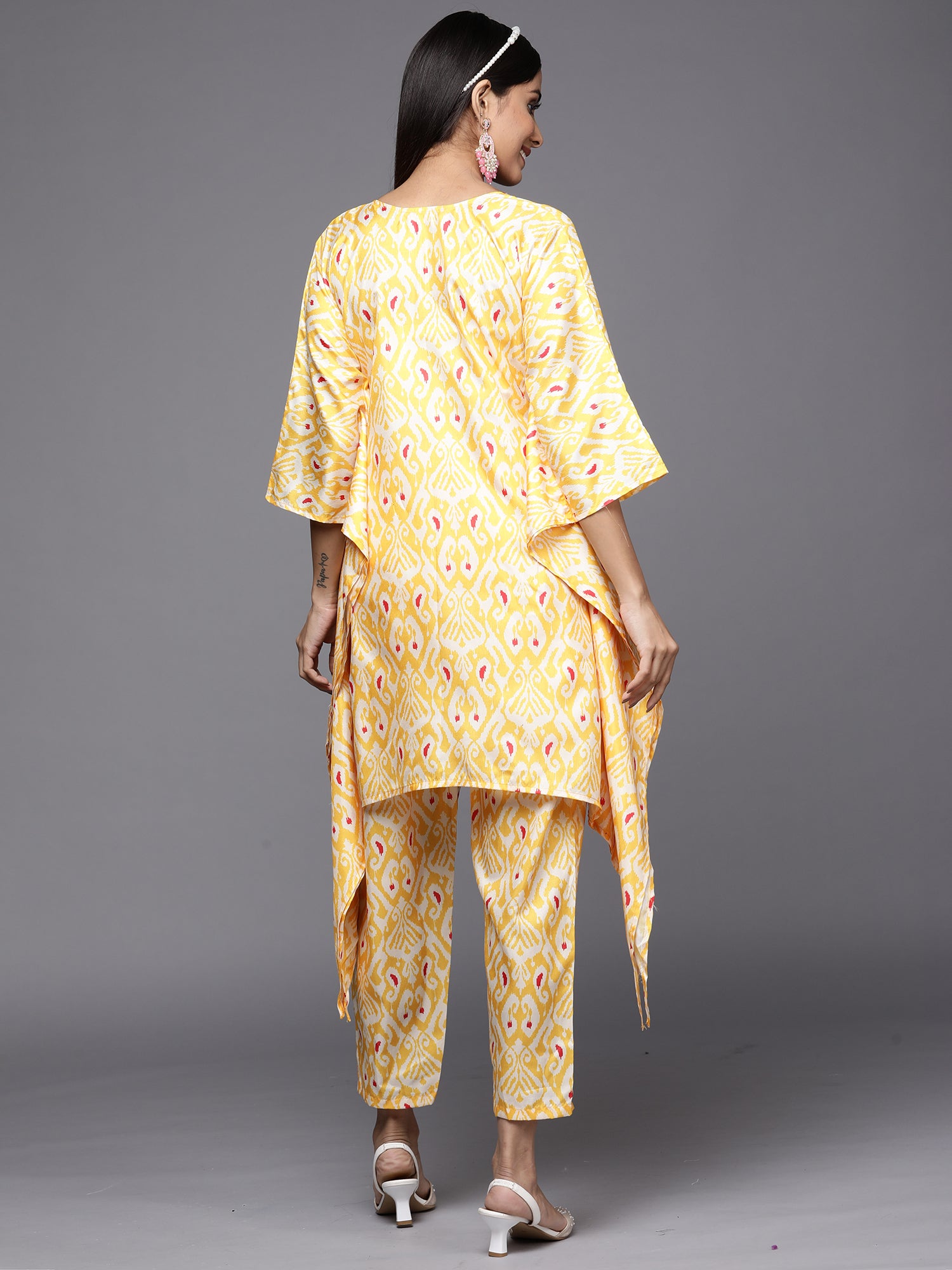 Kesariya Yellow Printed A-Line Kaftan With Trouser Set