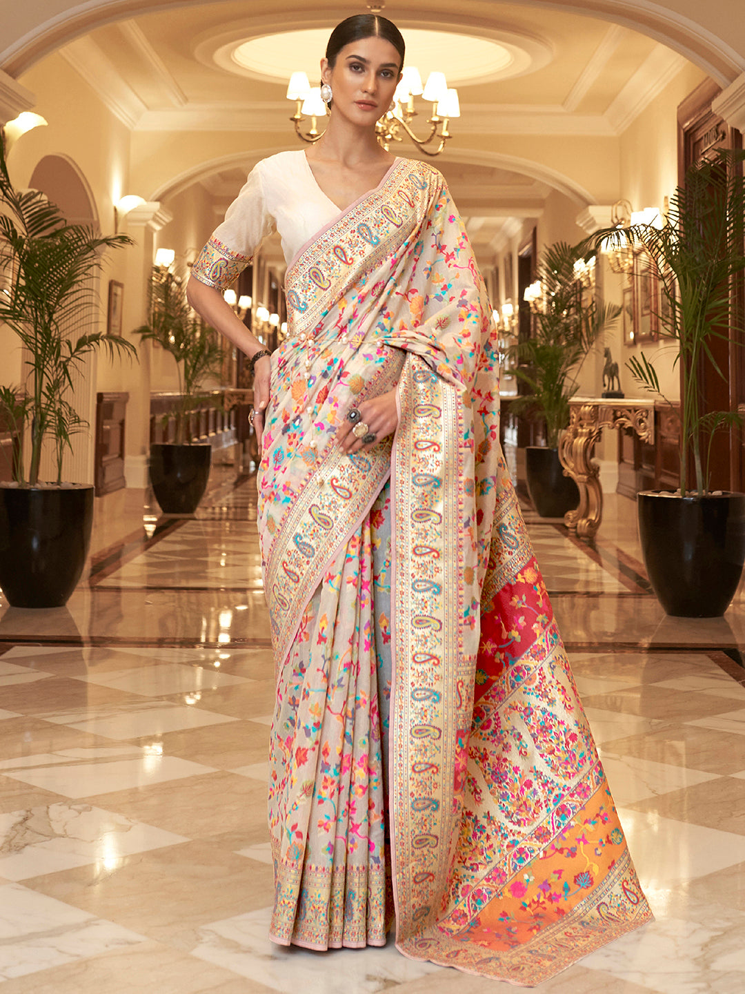 Silk Blend Cream Woven Design Celebrity Saree With Blouse