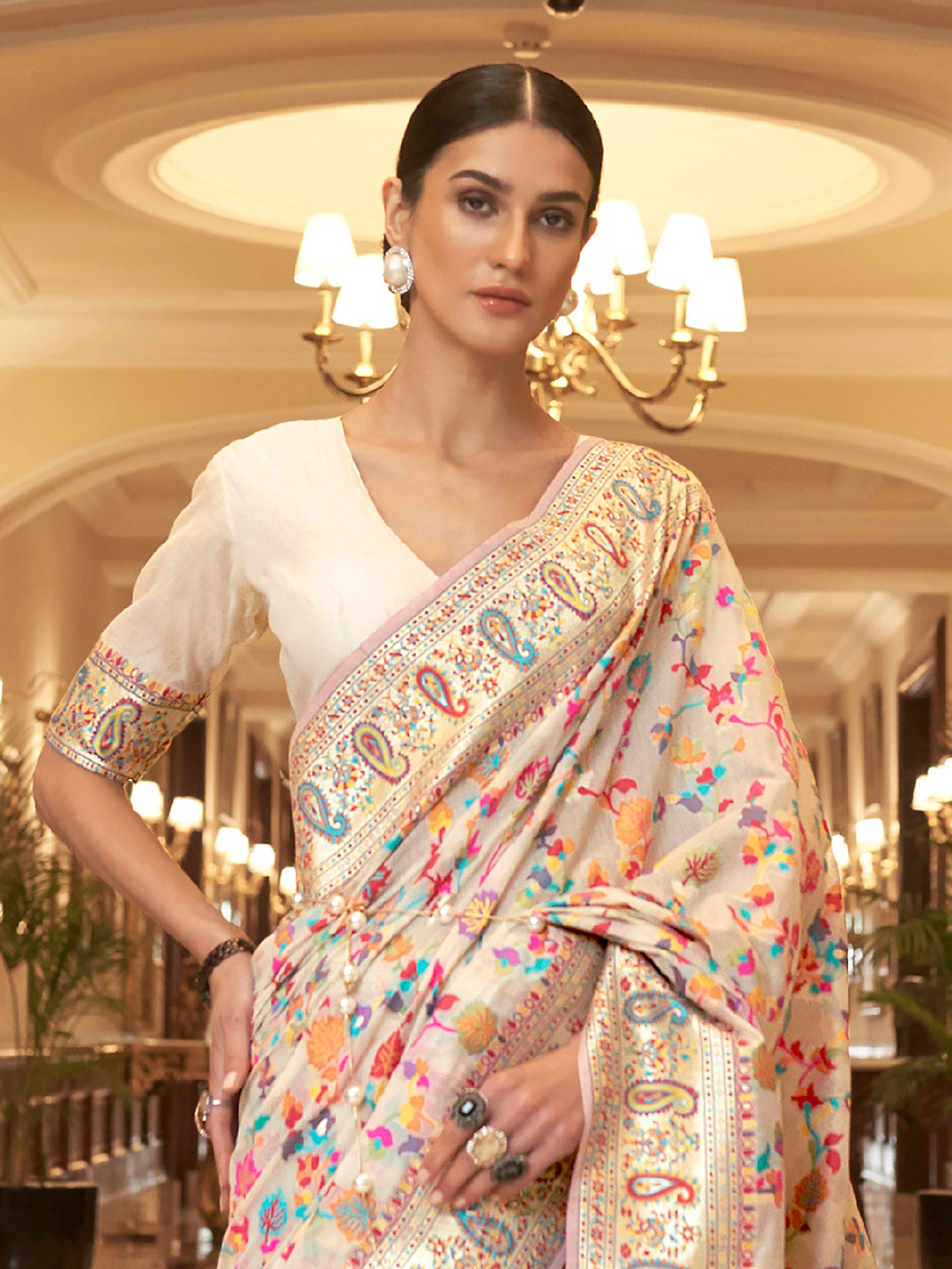 Silk Blend Cream Woven Design Celebrity Saree With Blouse