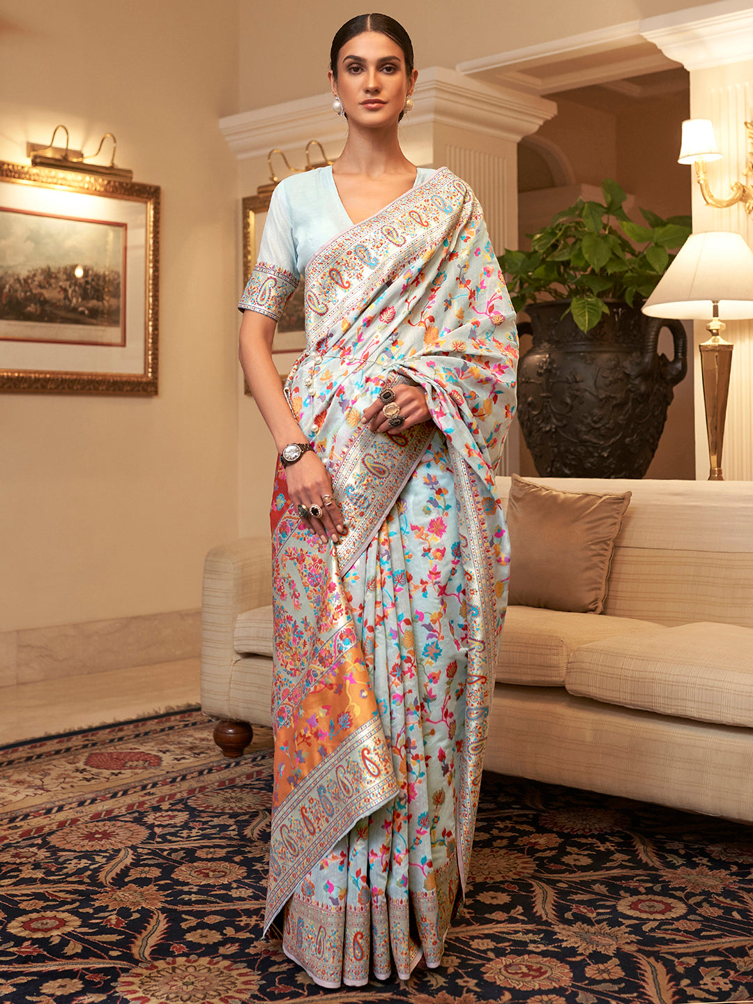 Silk Blend Light Blue Woven Design Celebrity Saree With Blouse