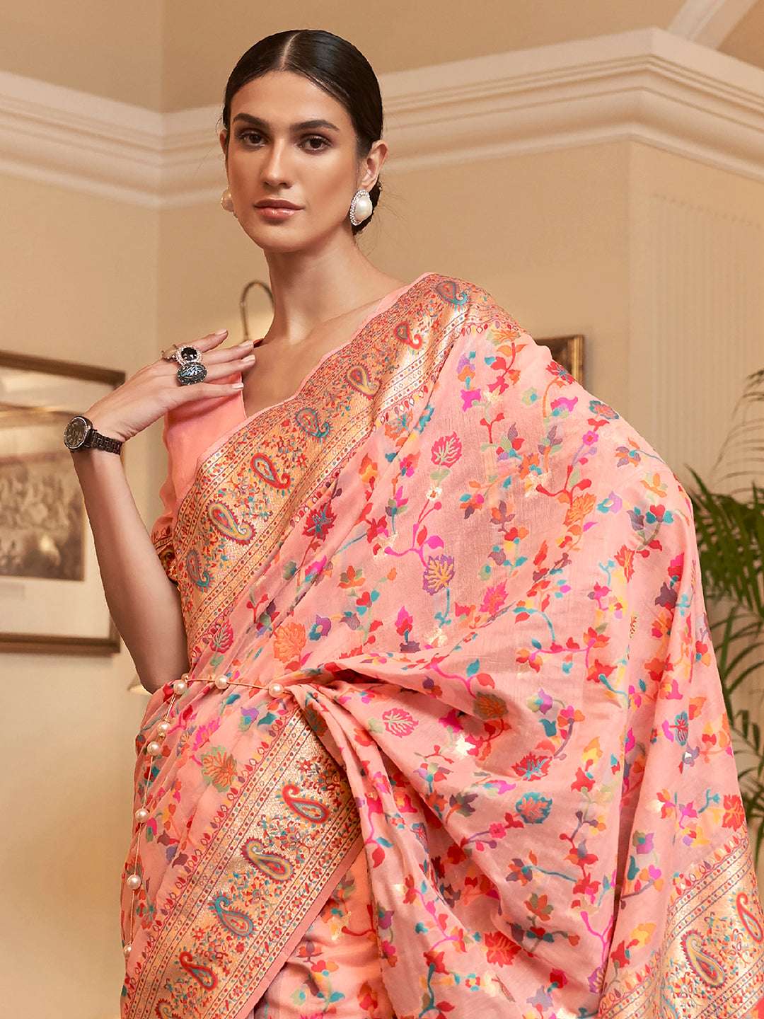 Silk Blend Peach Woven Design Celebrity Saree With Blouse