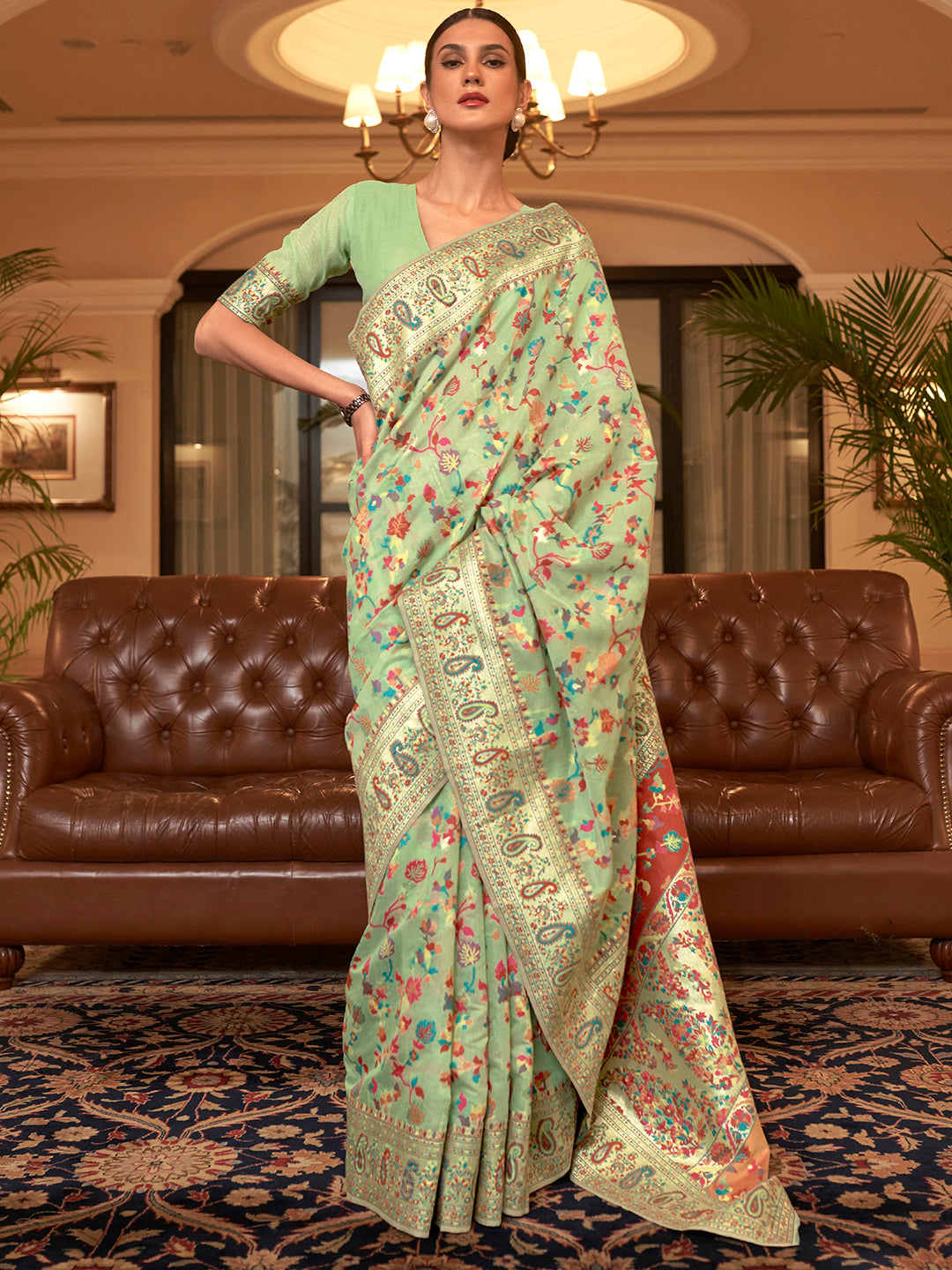 Silk Blend Green Woven Design Celebrity Saree With Blouse