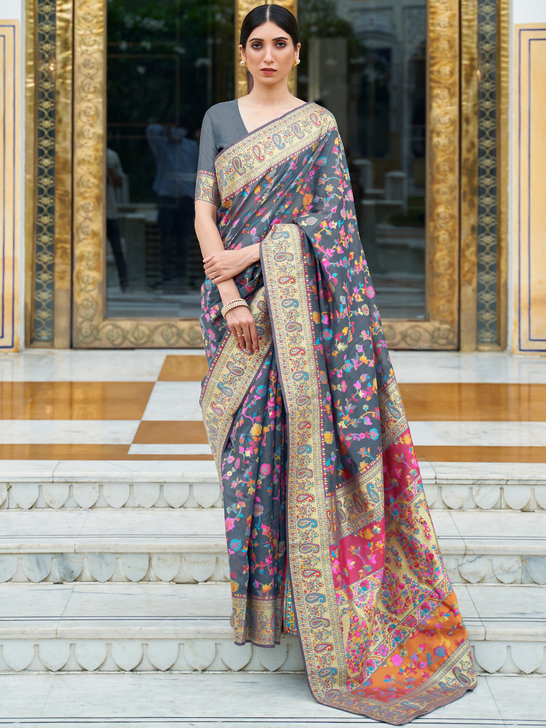 Silk Blend Grey Woven Design Celebrity Saree With Blouse