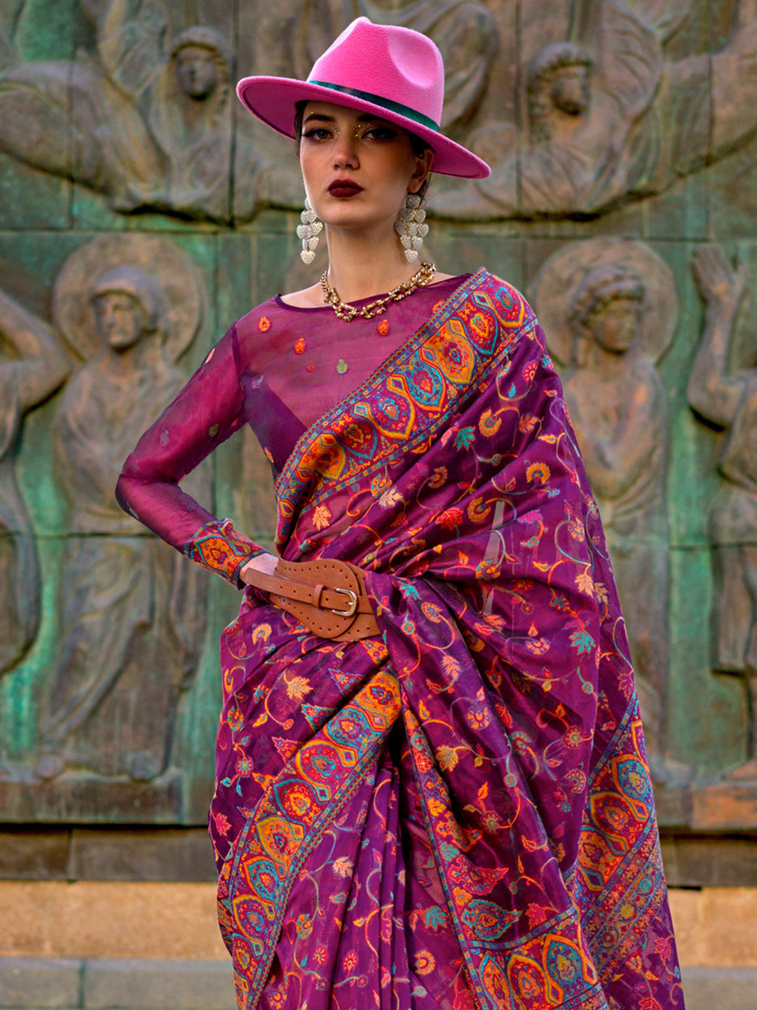 Organza Magenta Woven Design Designer Saree With Blouse