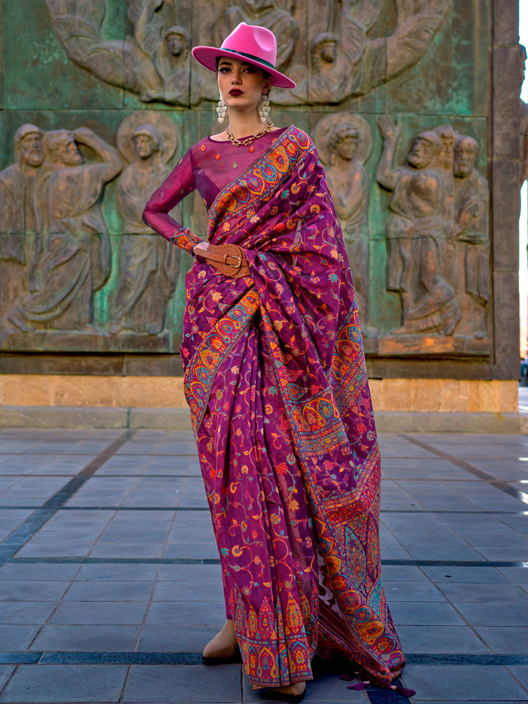 Organza Magenta Woven Design Designer Saree With Blouse