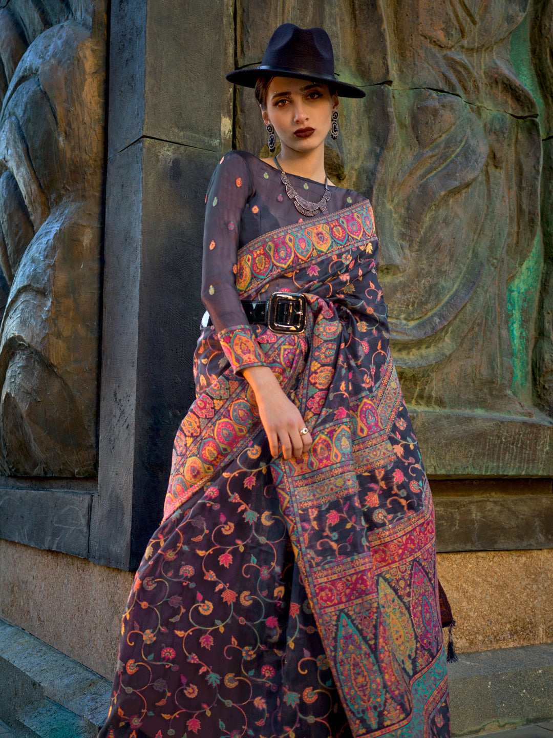 Organza Grey Woven Design Designer Saree With Blouse