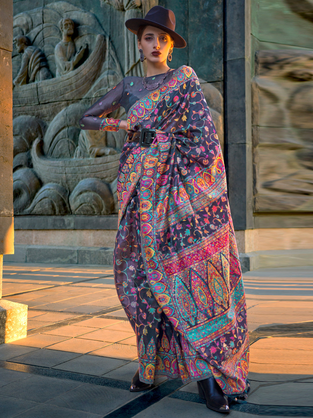 Organza Grey Woven Design Designer Saree With Blouse