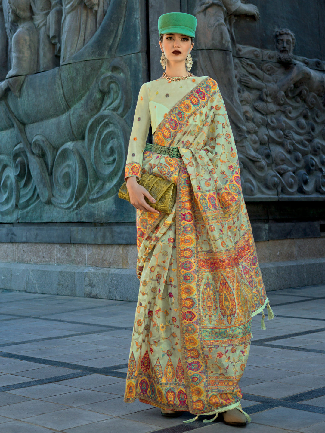 Organza Light Green Woven Design Designer Saree With Blouse