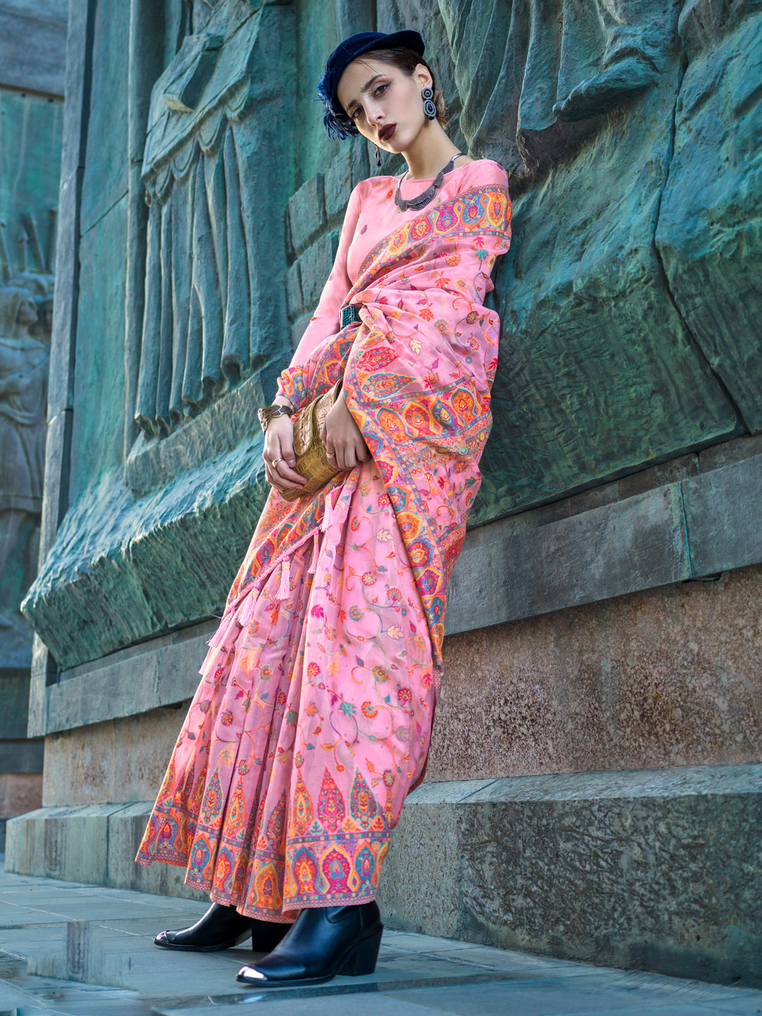 Organza Pink Woven Design Designer Saree With Blouse