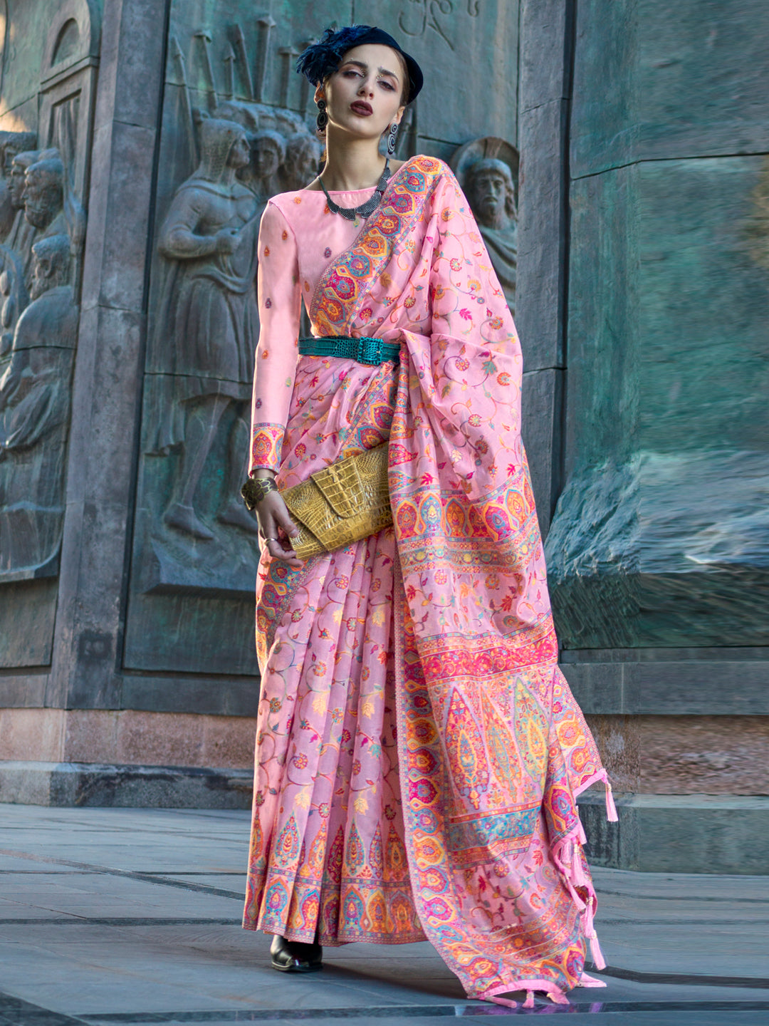 Organza Pink Woven Design Designer Saree With Blouse