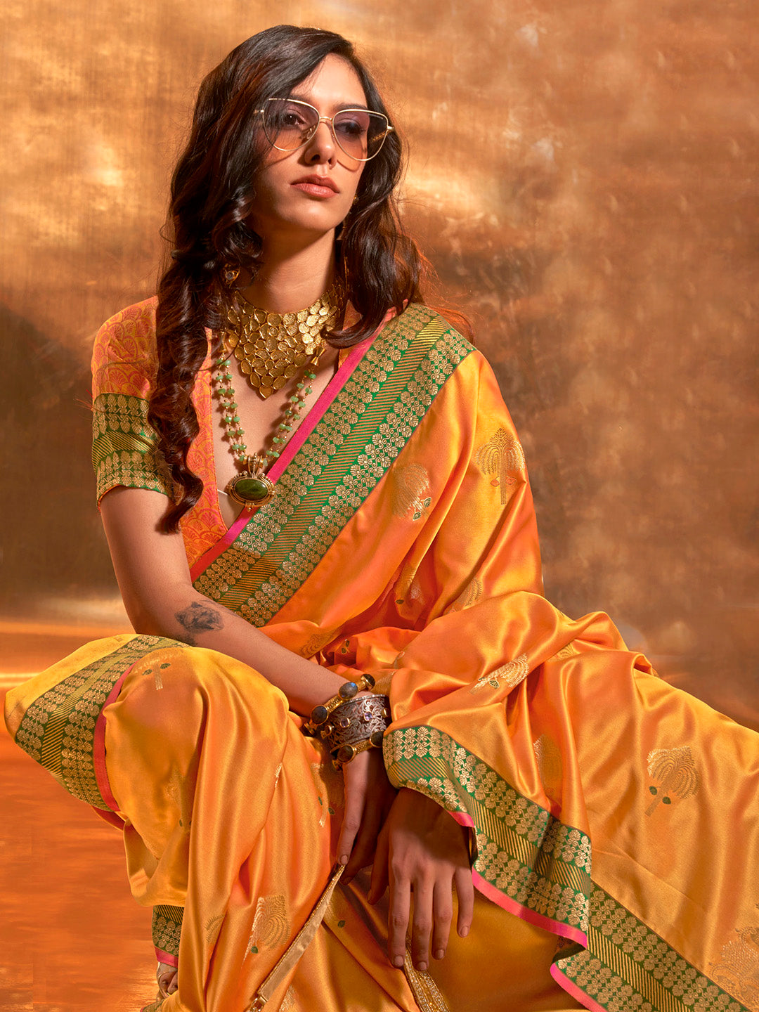 Satin Silk Yellow Woven Design Designer Saree With Blouse