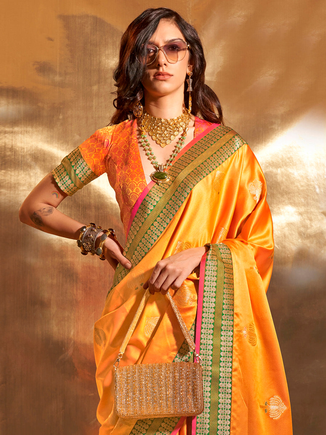 Satin Silk Yellow Woven Design Designer Saree With Blouse