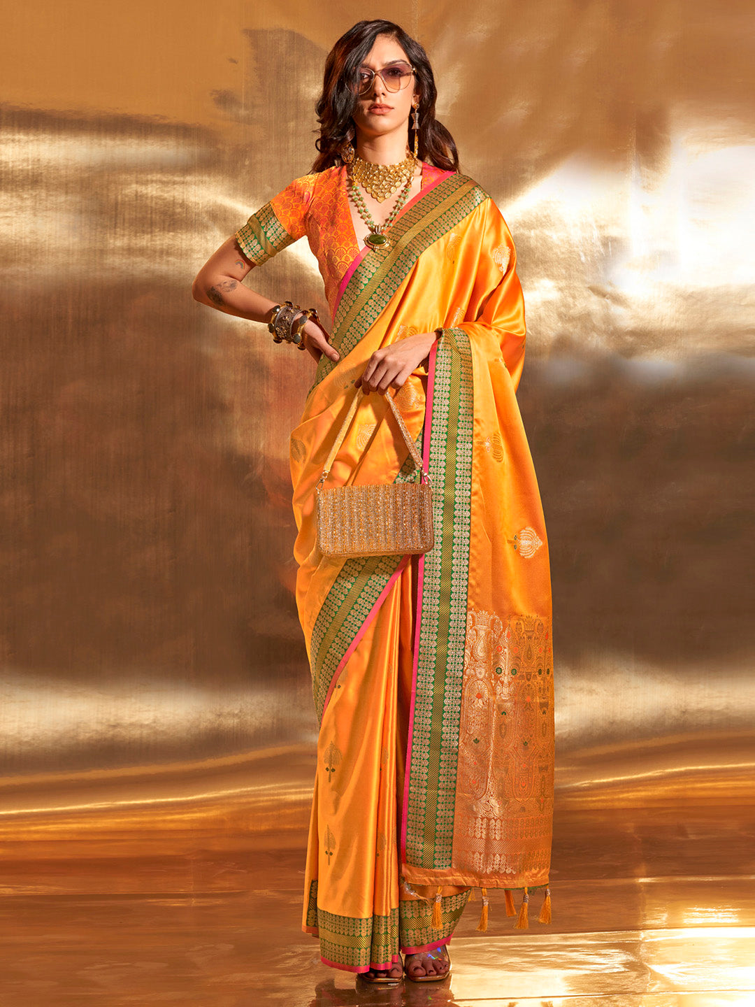 Satin Silk Yellow Woven Design Designer Saree With Blouse