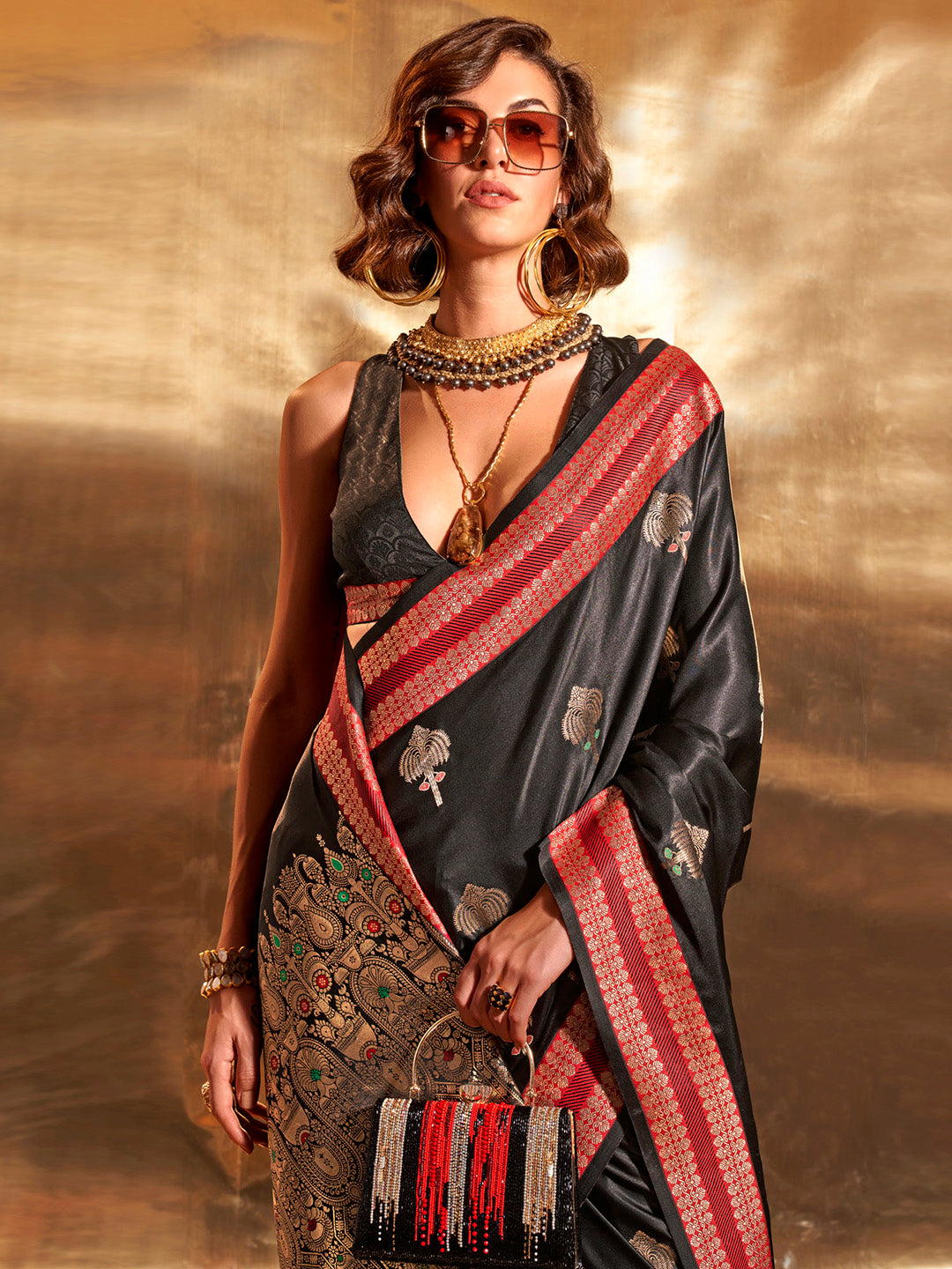 Satin Silk Black Woven Design Designer Saree With Blouse