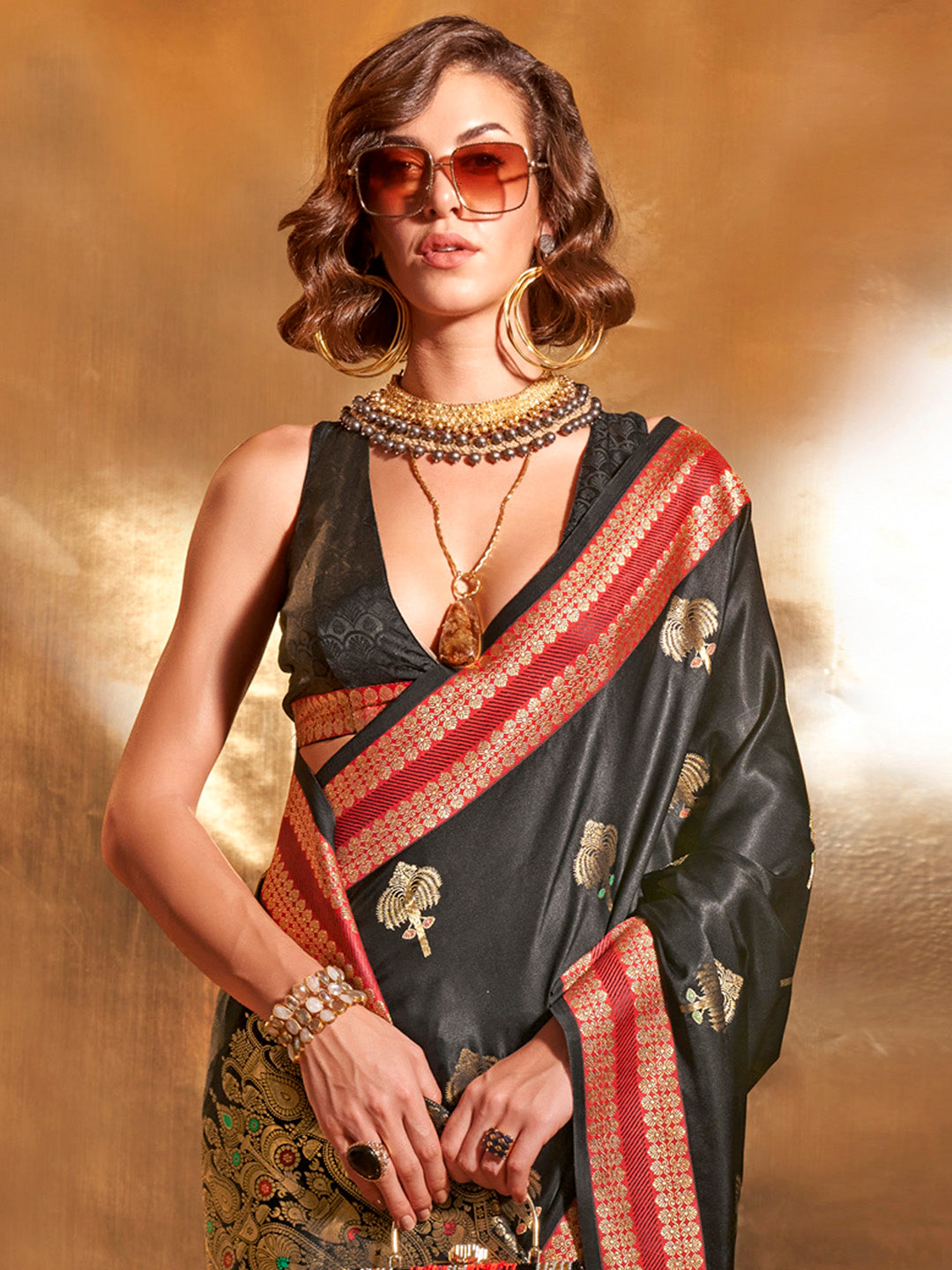 Satin Silk Black Woven Design Designer Saree With Blouse