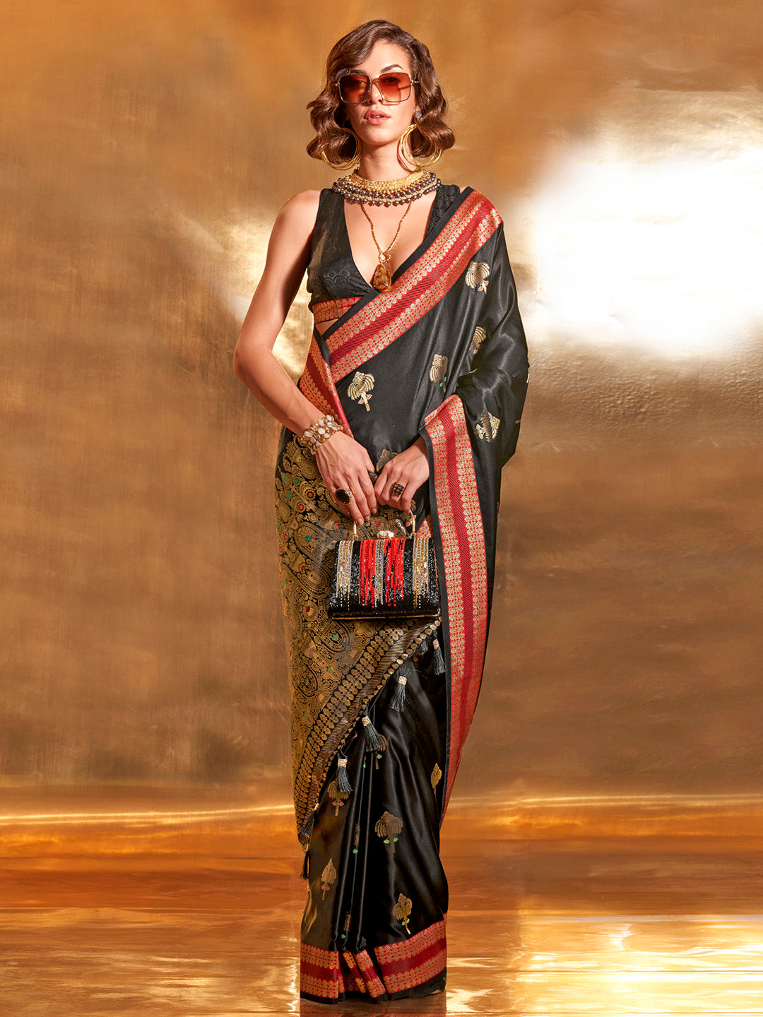 Satin Silk Black Woven Design Designer Saree With Blouse