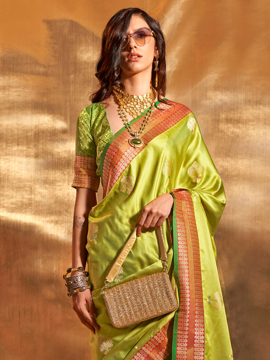 Satin Silk Light Green Woven Design Designer Saree With Blouse