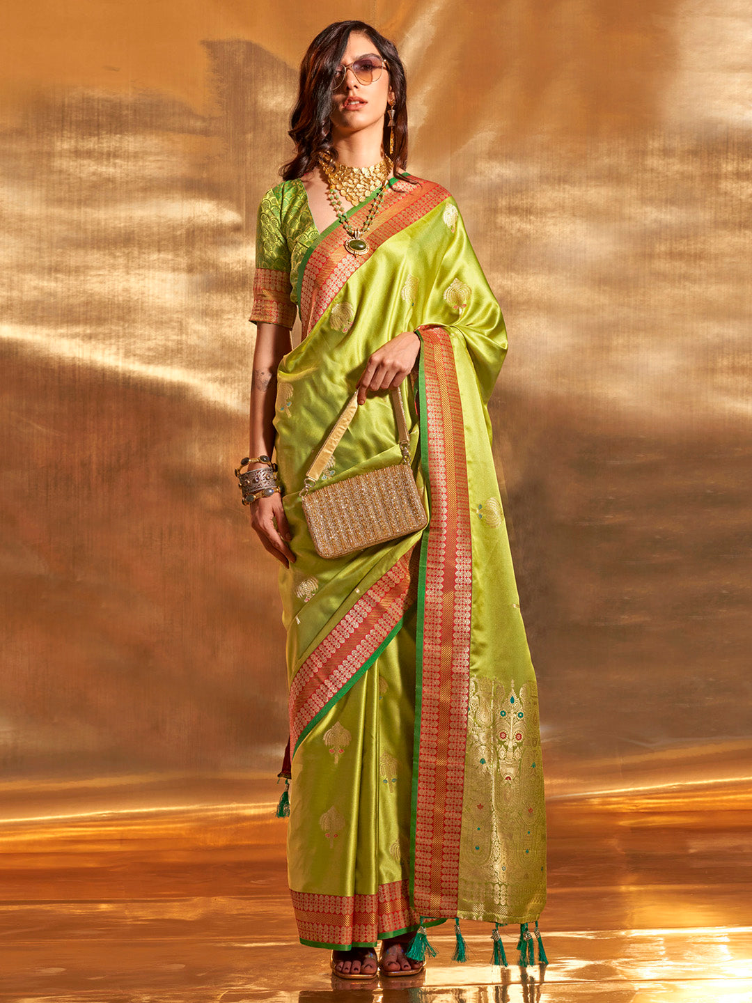 Satin Silk Light Green Woven Design Designer Saree With Blouse