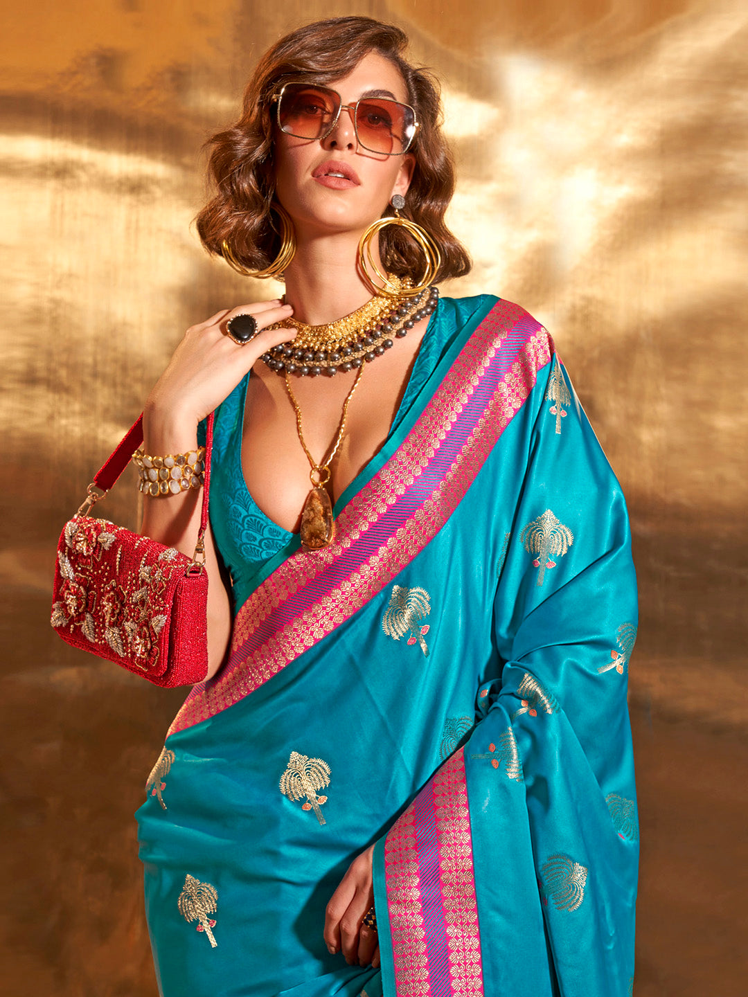 Satin Silk Blue Woven Design Designer Saree With Blouse