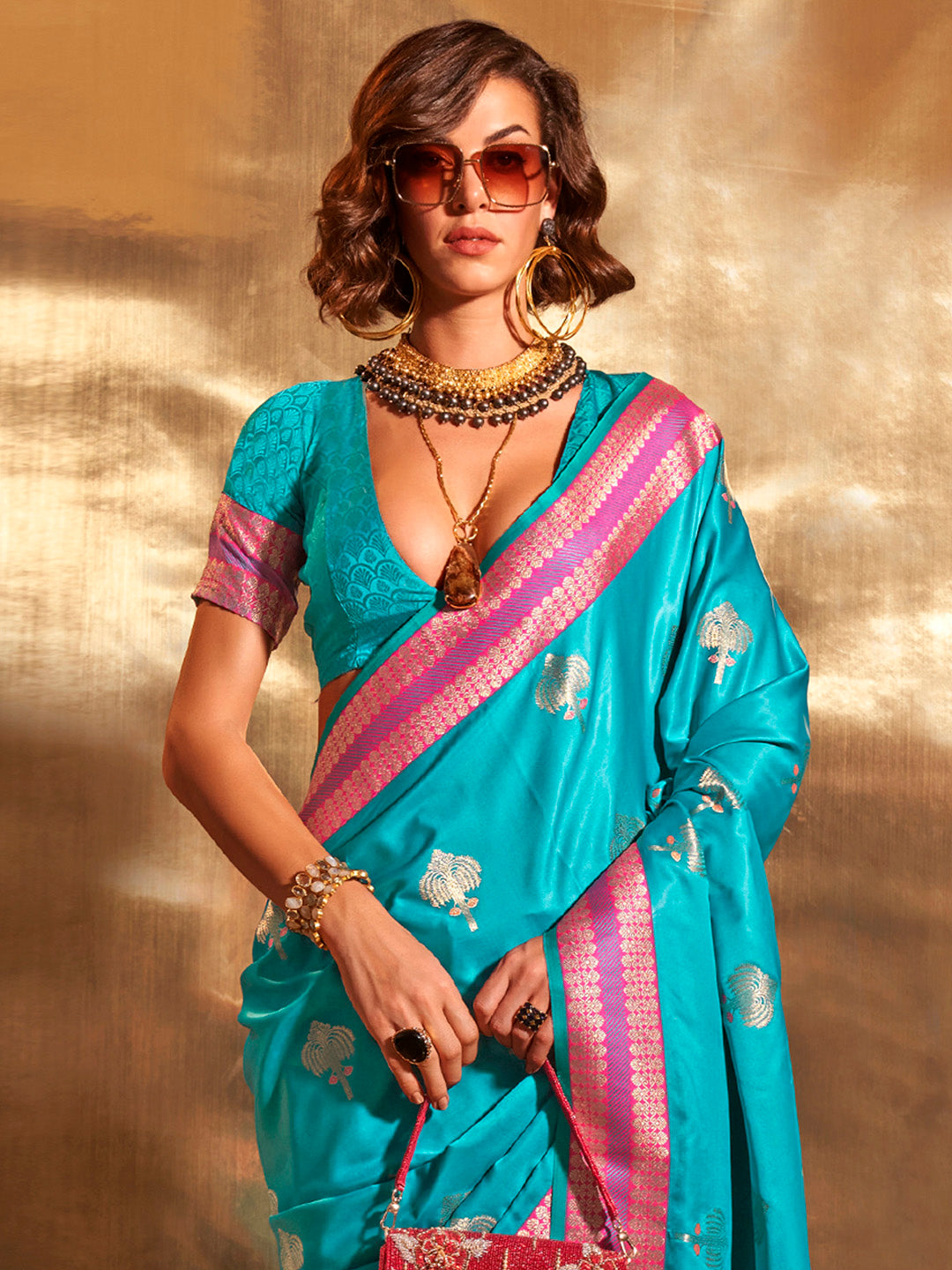 Satin Silk Blue Woven Design Designer Saree With Blouse