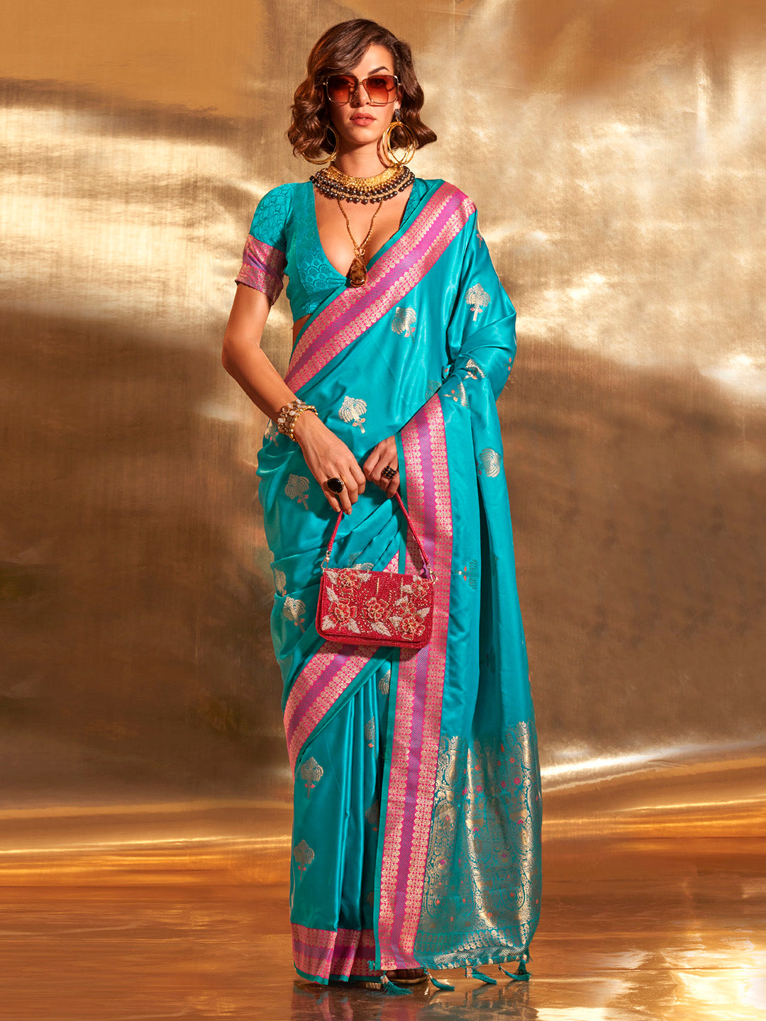 Satin Silk Blue Woven Design Designer Saree With Blouse