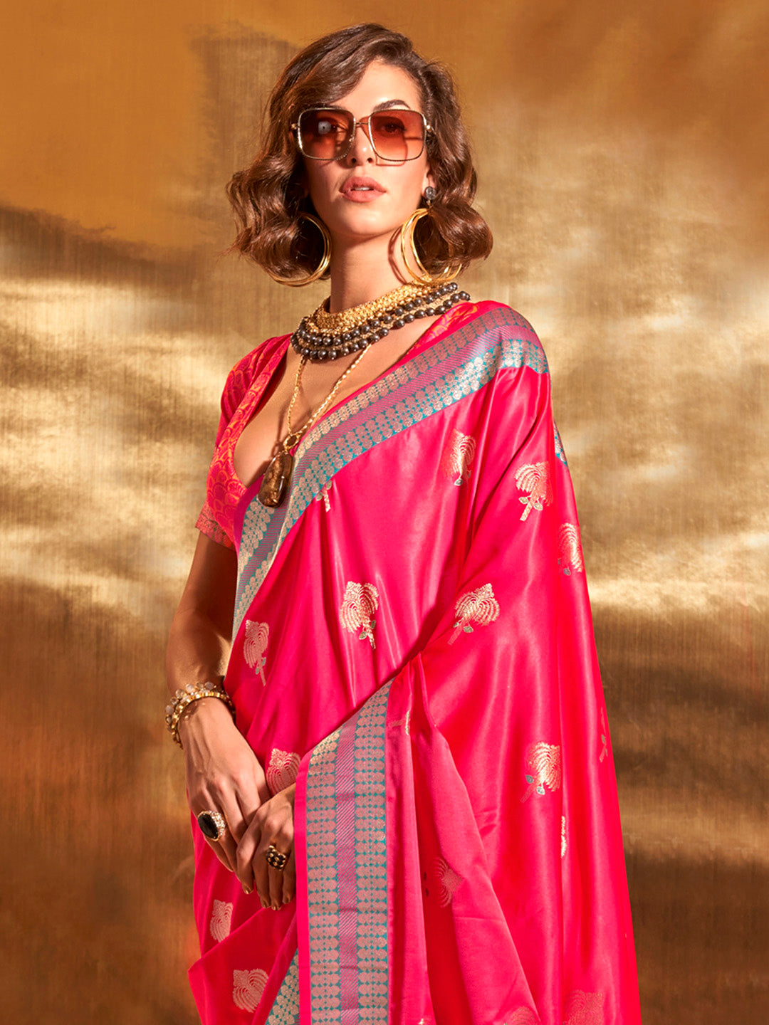 Satin Silk Pink Woven Design Designer Saree With Blouse