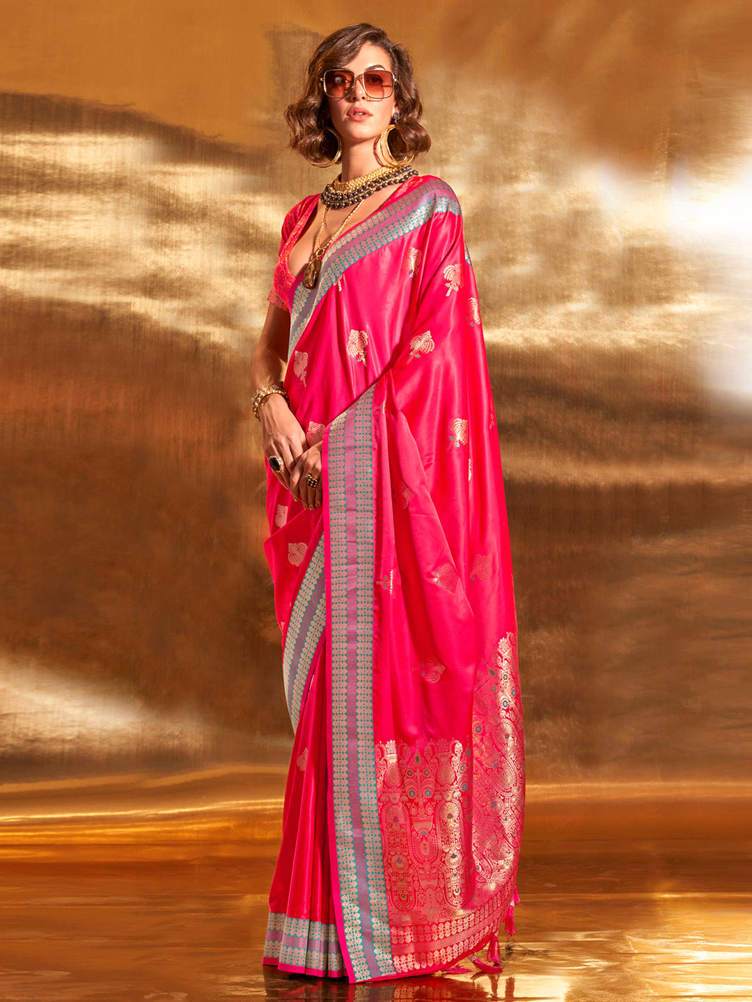 Satin Silk Pink Woven Design Designer Saree With Blouse