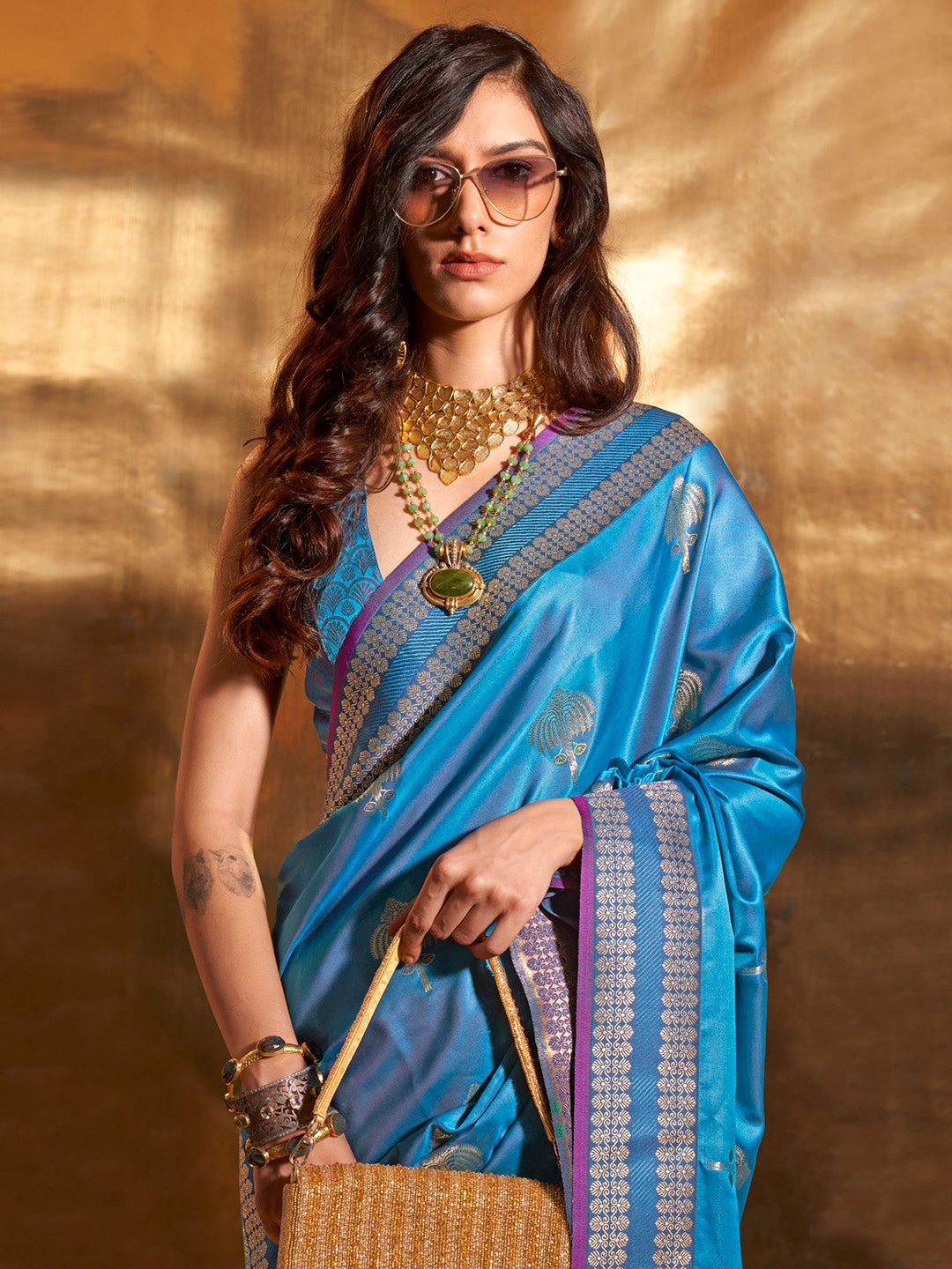 Satin Silk Blue Woven Design Designer Saree With Blouse