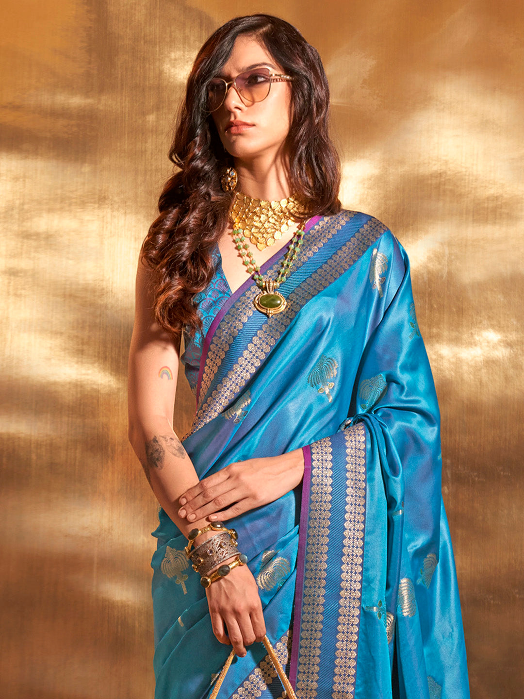 Satin Silk Blue Woven Design Designer Saree With Blouse