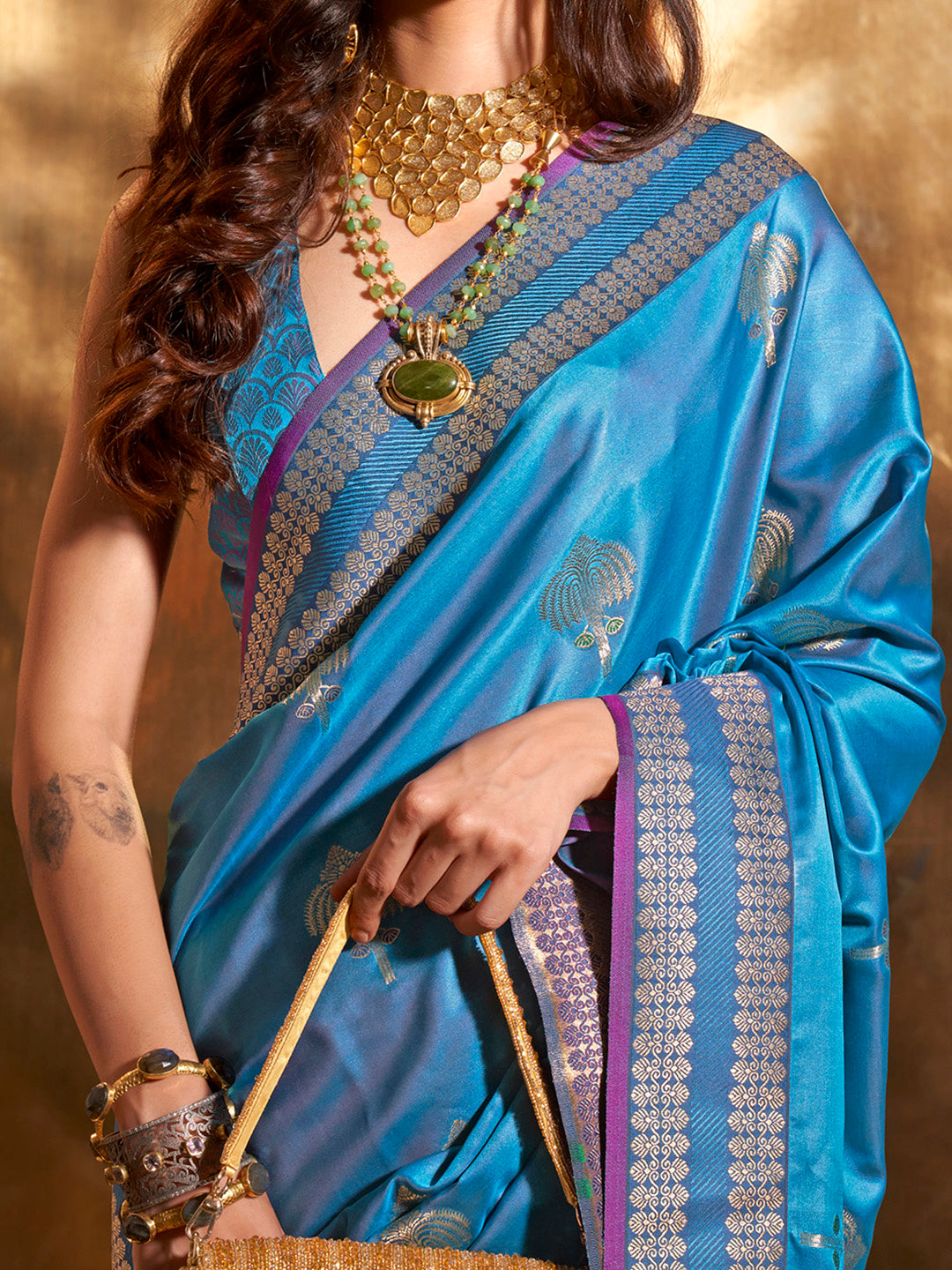 Satin Silk Blue Woven Design Designer Saree With Blouse