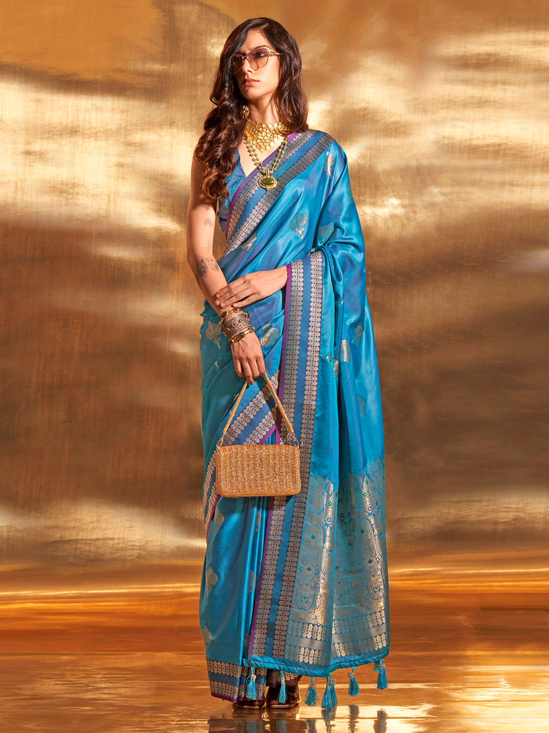 Satin Silk Blue Woven Design Designer Saree With Blouse