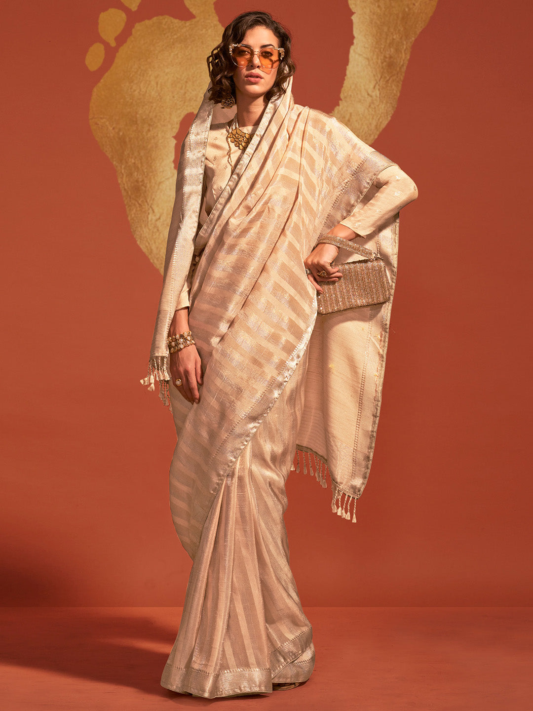 Viscose Silk Cream Woven Design Designer Saree With Blouse