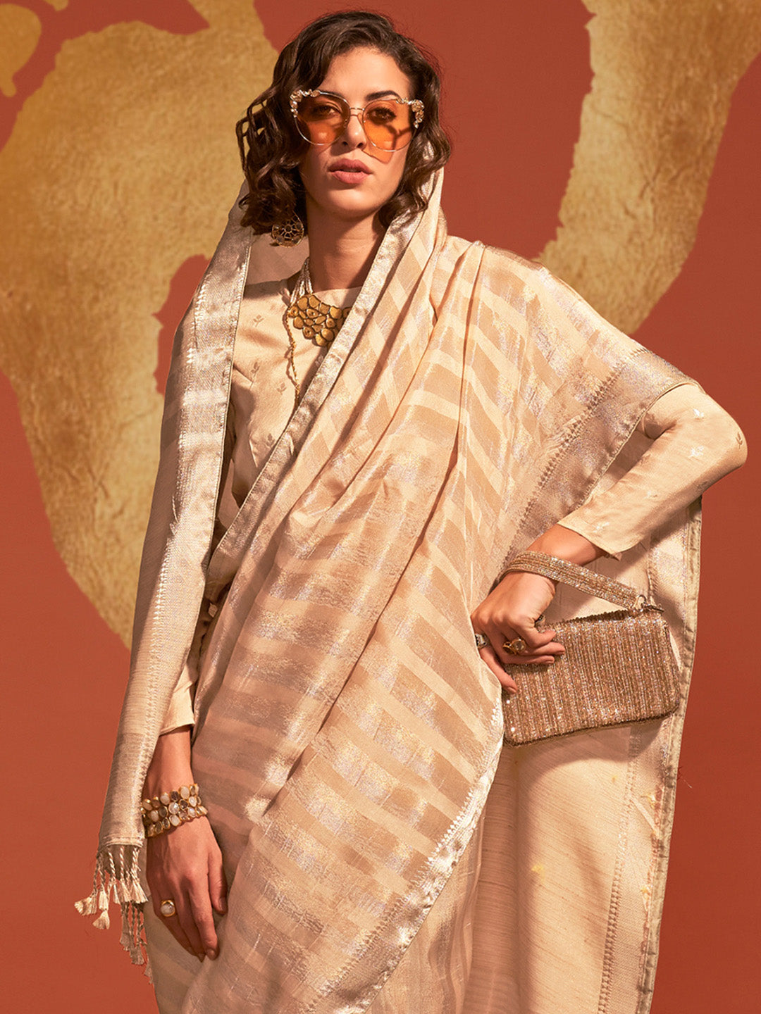 Viscose Silk Cream Woven Design Designer Saree With Blouse