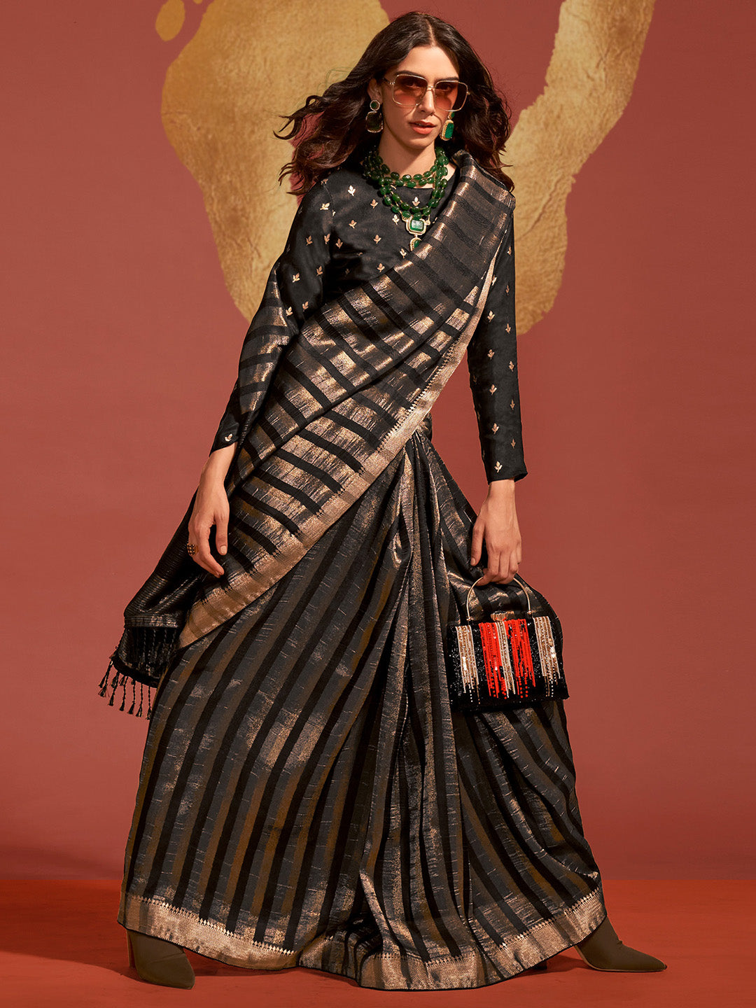 Viscose Silk Black Woven Design Designer Saree With Blouse