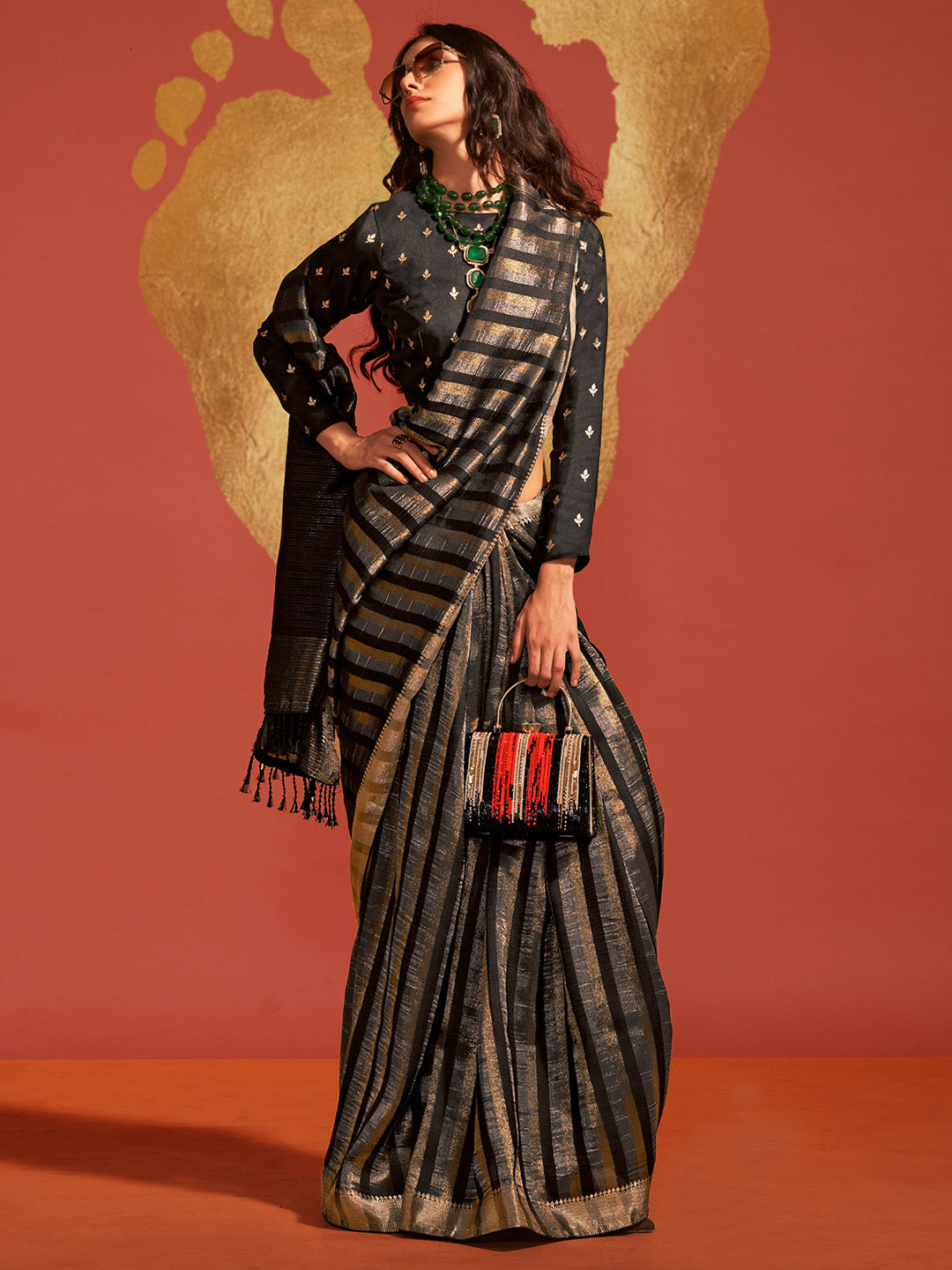 Viscose Silk Black Woven Design Designer Saree With Blouse