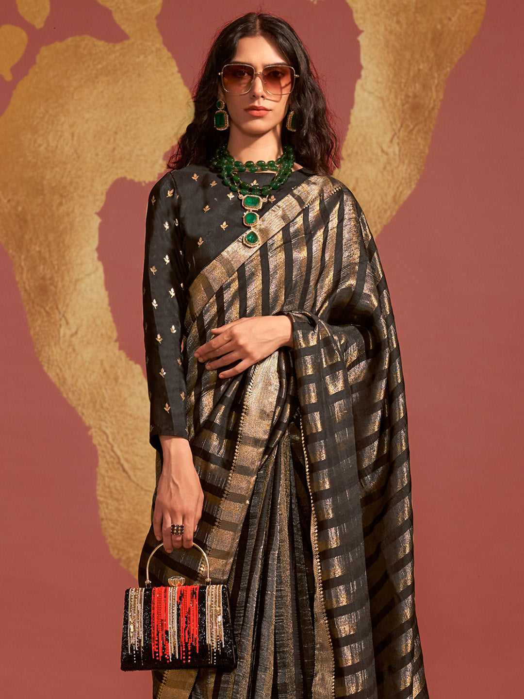 Viscose Silk Black Woven Design Designer Saree With Blouse