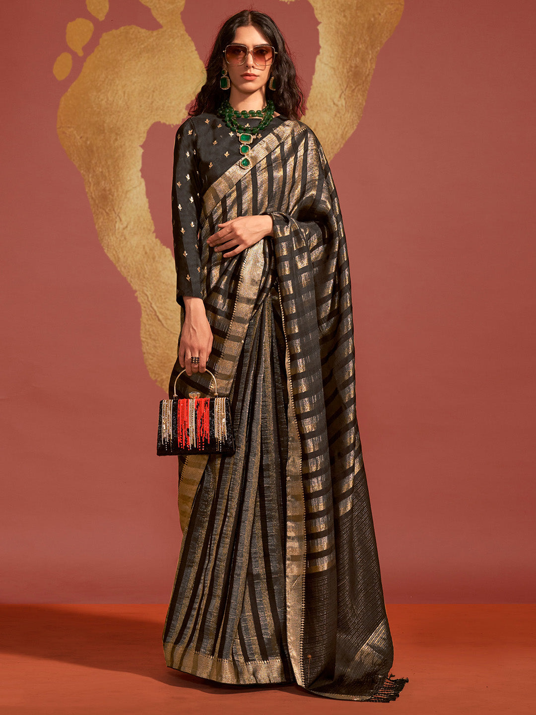 Viscose Silk Black Woven Design Designer Saree With Blouse