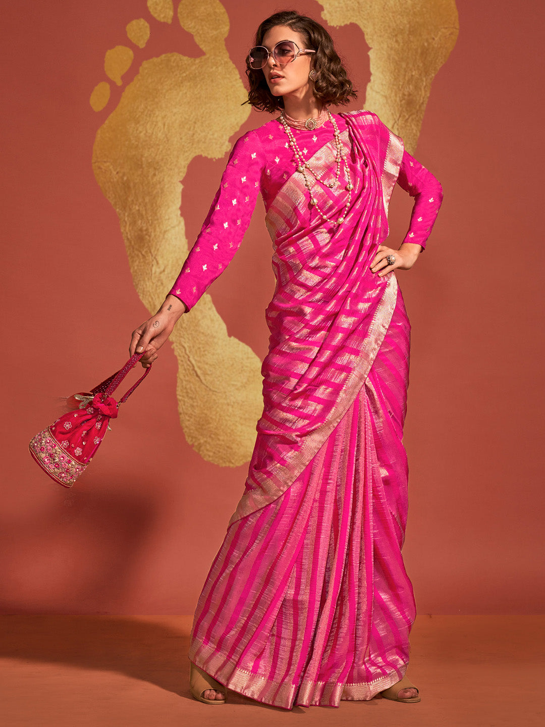 Viscose Silk Pink Woven Design Designer Saree With Blouse