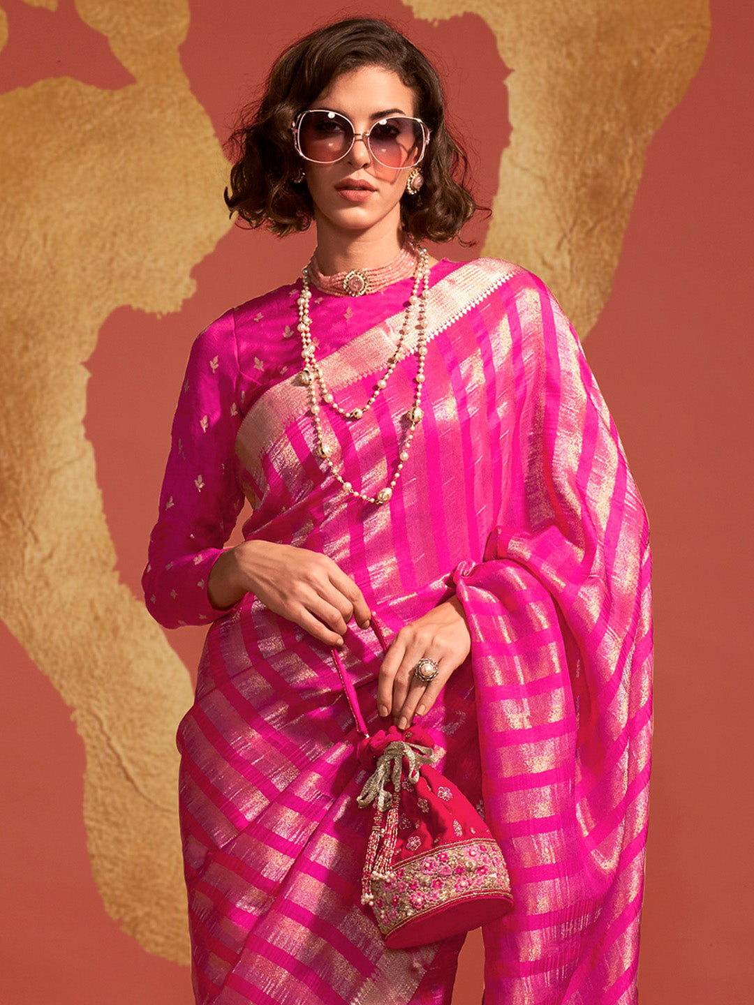 Viscose Silk Pink Woven Design Designer Saree With Blouse