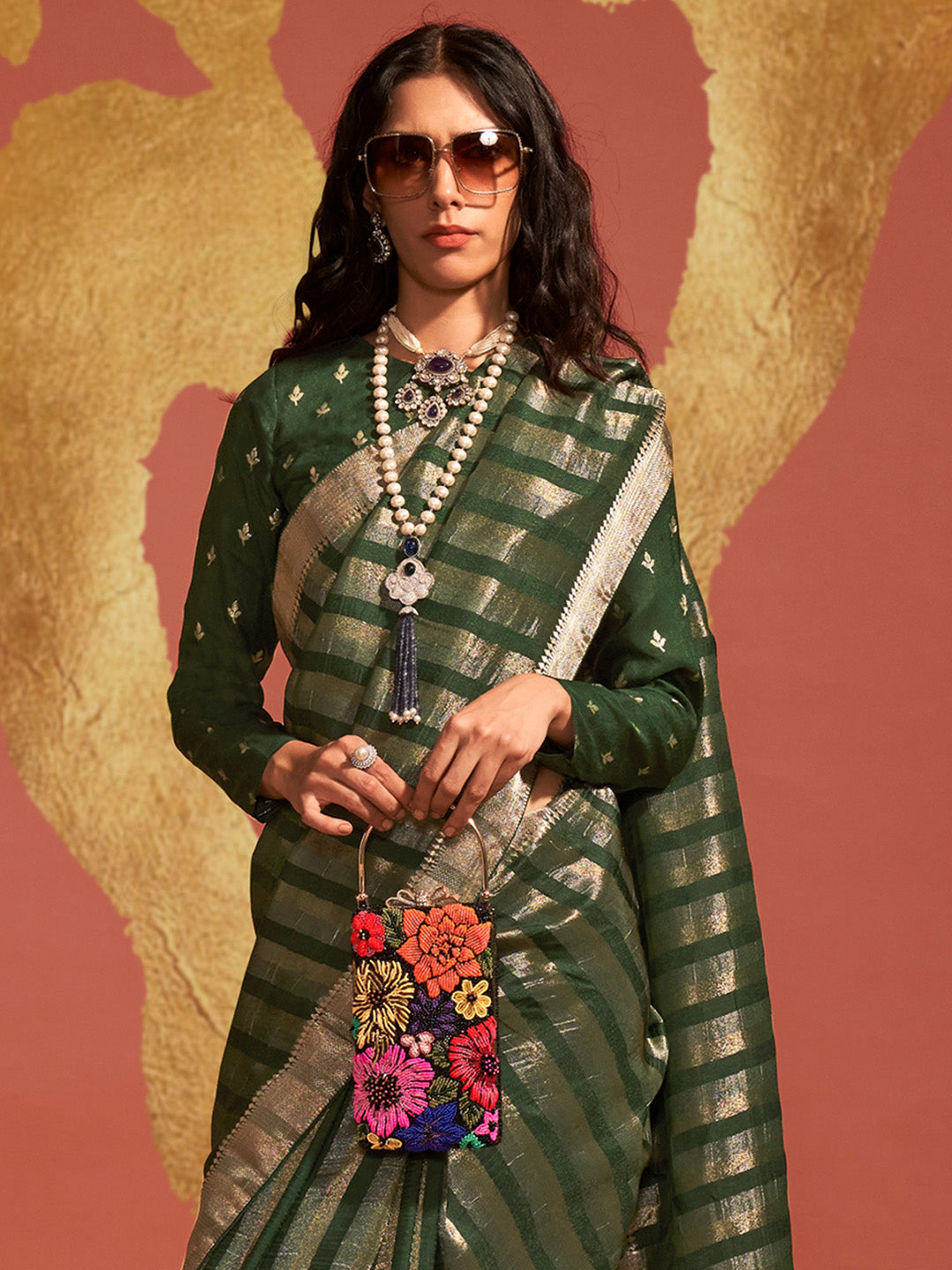 Viscose Silk Green Woven Design Designer Saree With Blouse